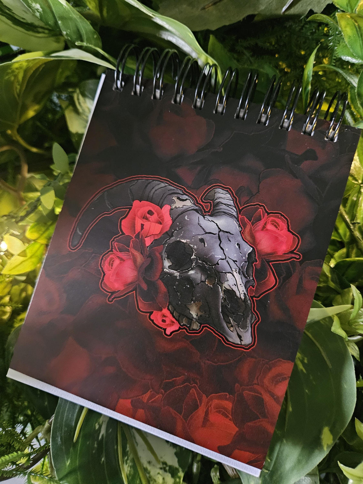 4x5 inches HANDMADE Top Bound SPIRAL NOTEBOOK: Goat Skull with Red Roses Acornandcrowstudio