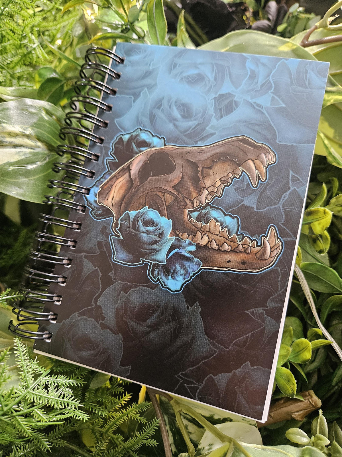 4x6 HANDMADE SPIRAL NOTEBOOK: Wolf Skull with Blue Roses Acornandcrowstudio