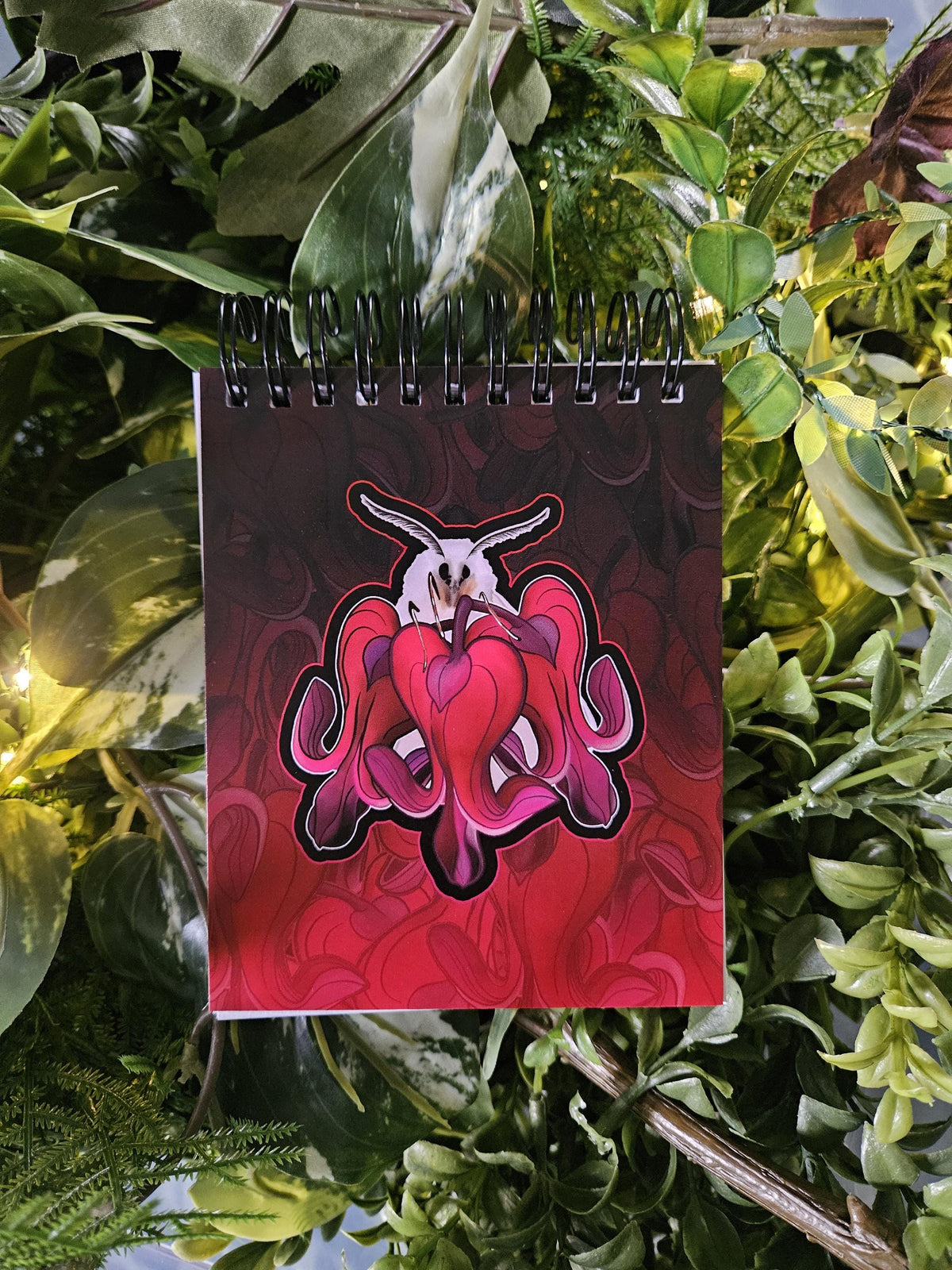 4x5 inches HANDMADE Top Bound SPIRAL NOTEBOOK: Bartholomew the White Moth with Bleeding Heart Flowers Acornandcrowstudio