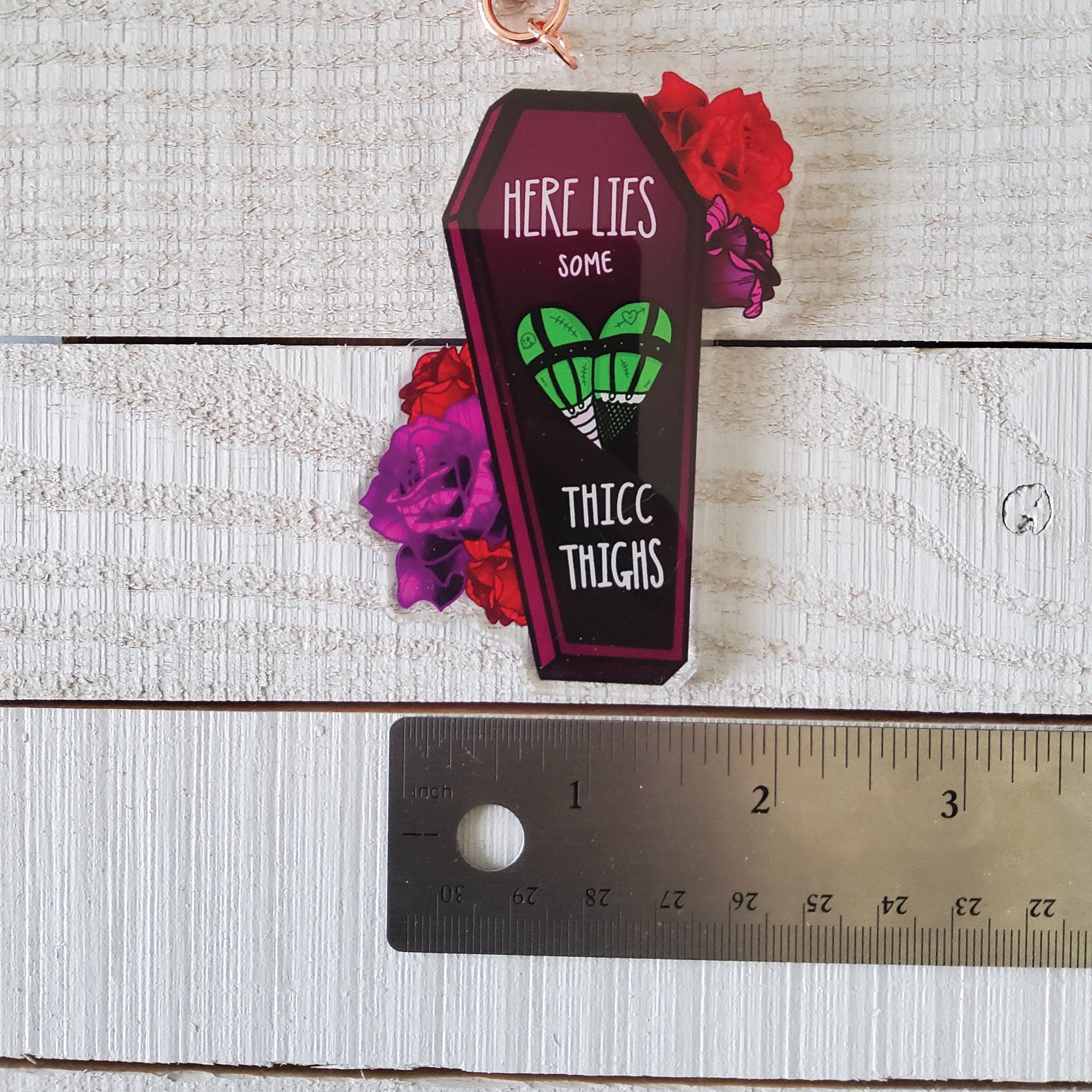 ACRYLIC CHARM: Here Lies Some Thicc Thighs Coffin Monster , Coffin Charm , Monster Girl Charm , Acrylic Coffin Charm , Coffin Accessory