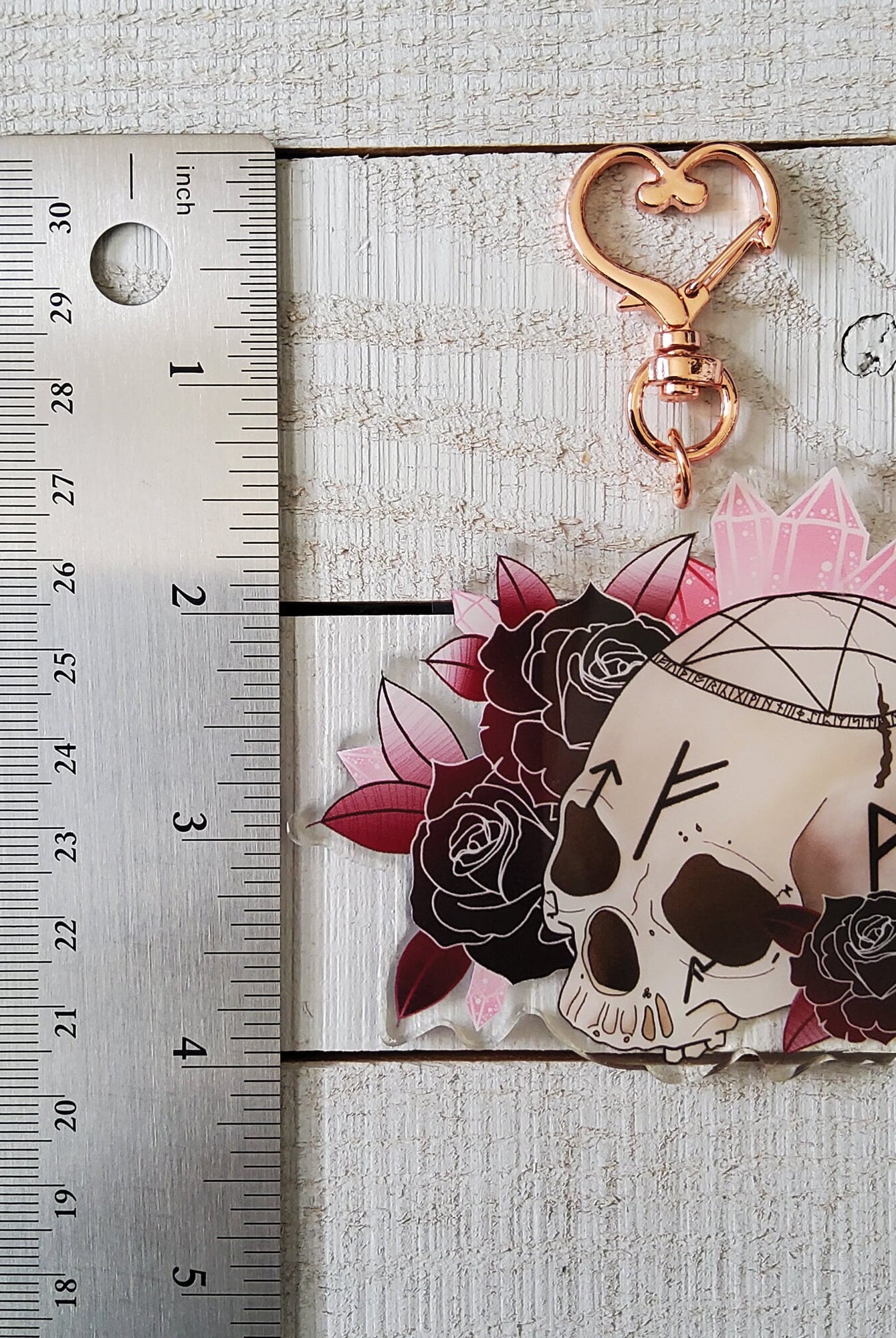 ACRYLIC CHARM Double Sided: Tattoo Style Skull and Roses , Skull and Roses , Skull Charm , Skull Acrylic Charm , Skull and Roses Charm