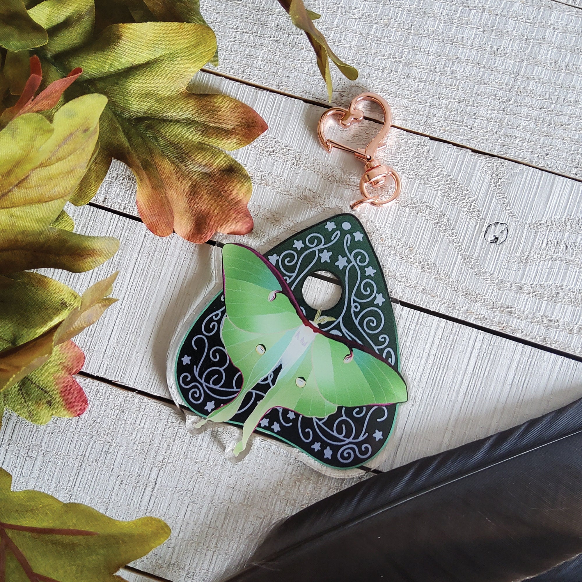 ACRYLIC CHARM Double Sided: Green Luna Moth and Planchette , Luna Moth and Planchette Charm , Moth and Planchette Acrylic Charm