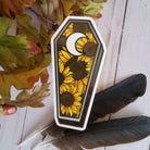 GLOSSY STICKER: Sunflower Coffin with Moon Die Cut Sticker , Sunflower Coffin Sticker , Sunflower and Moon Sticker , Coffin Floral