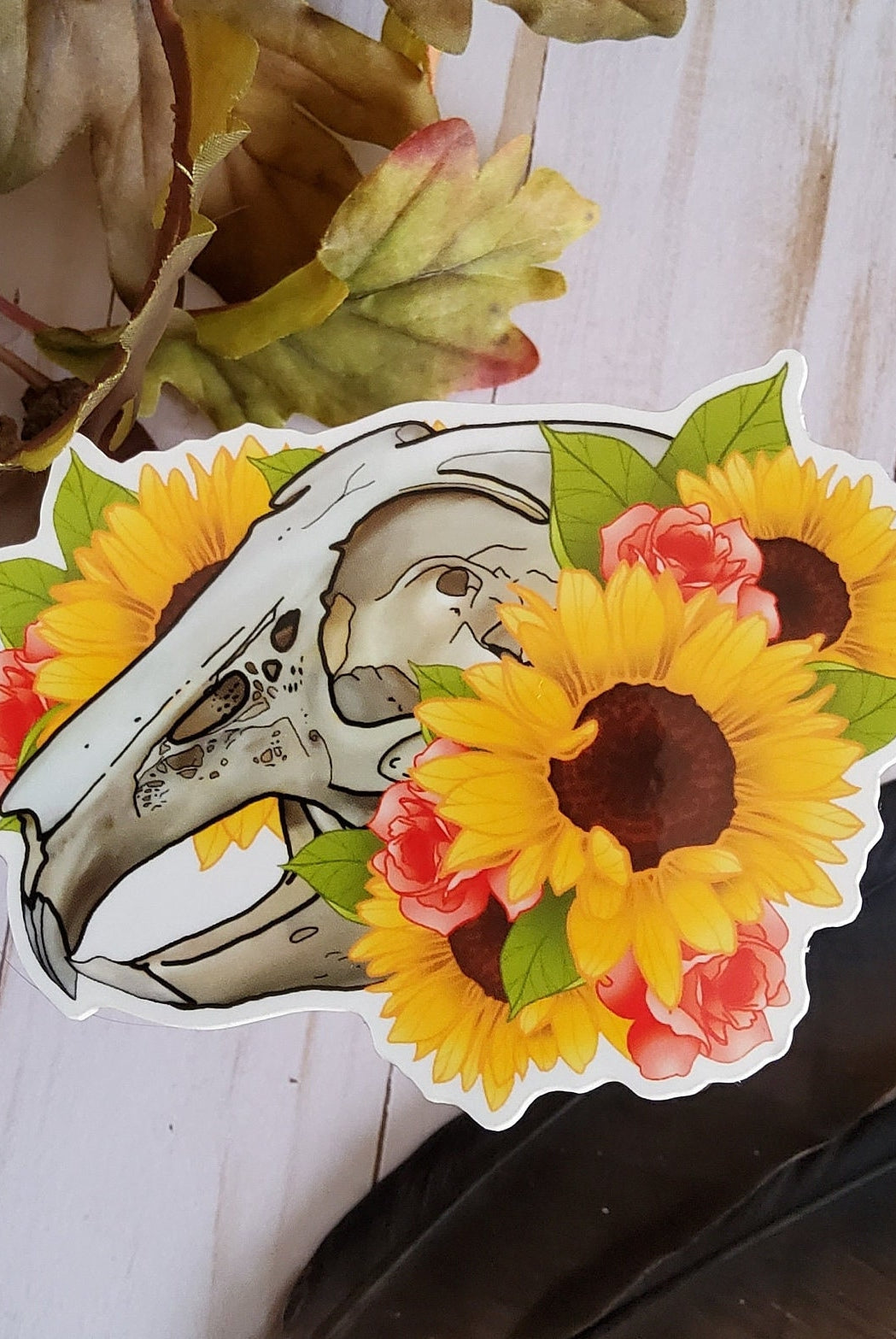 GLOSSY STICKER: Rabbit Skull and Sunflowers Summer Die Cut , Skull and Sunflower Sticker , Rabbit Skull Sticker , Skull Sticker , Summer