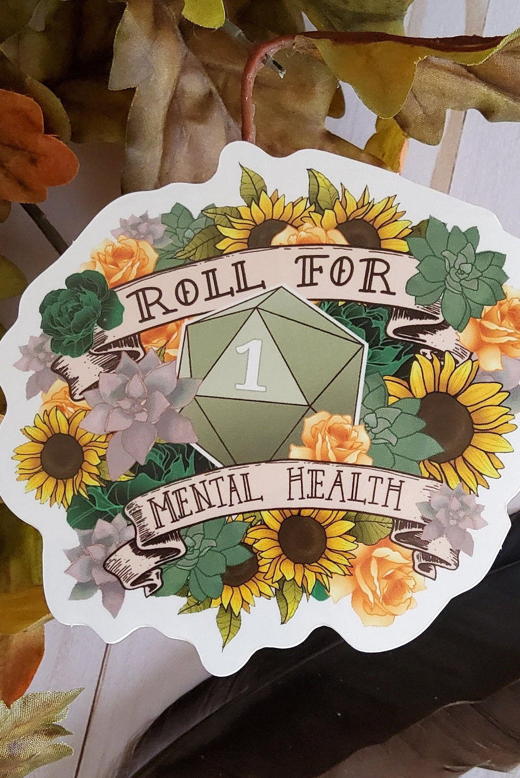 GLOSSY STICKER: D20 Roll for Mental Health Natural One , Floral D20 Sticker , Floral D20 Stickers, D20 Sticker , D20 Natural One Sticker