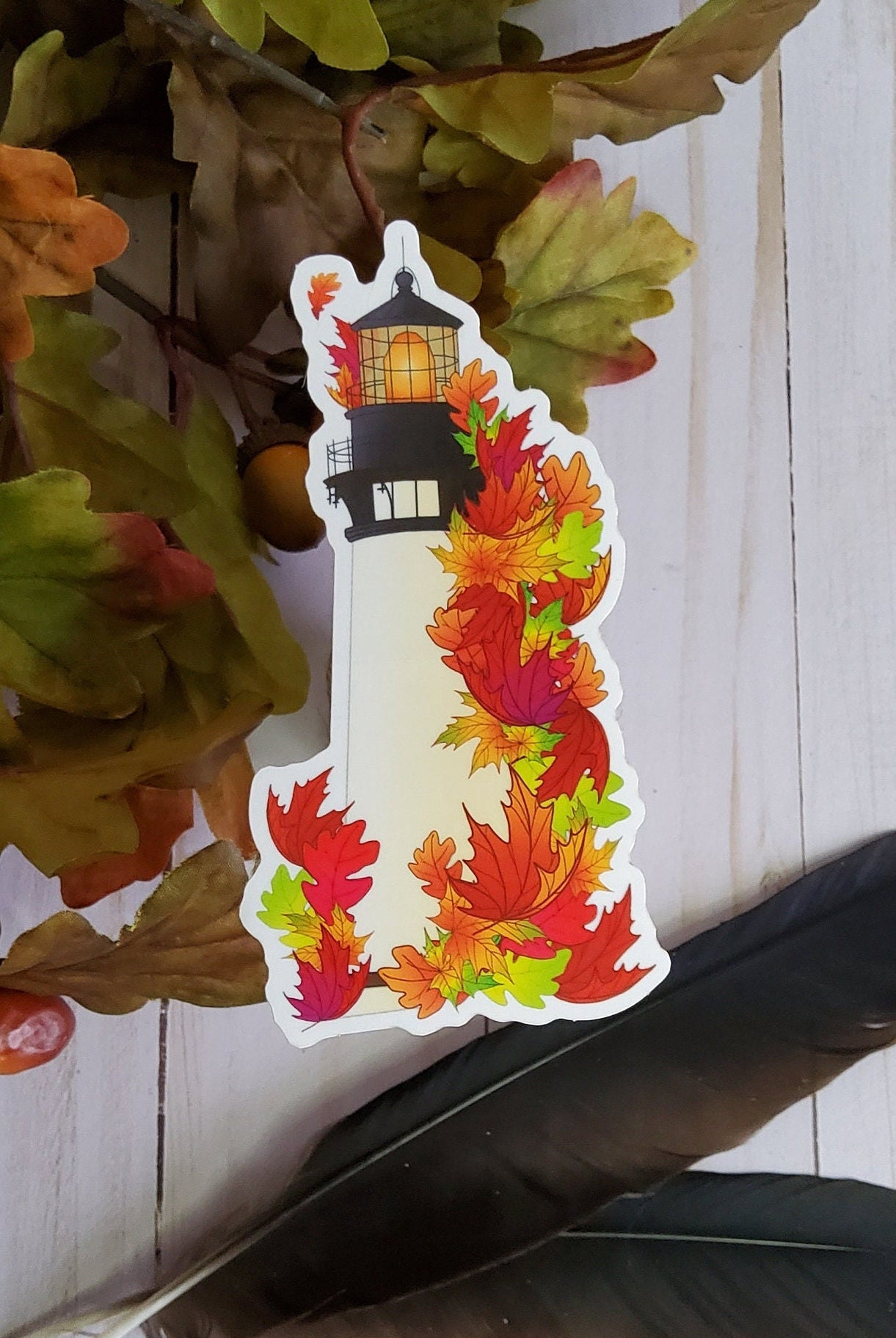 GLOSSY STICKER: Autumn Lighthouse Die Cut , Fall Lighthouse Sticker , Fall Lighthouse , Autumn Lighthouse , Lighthouse Sticker , Autumn