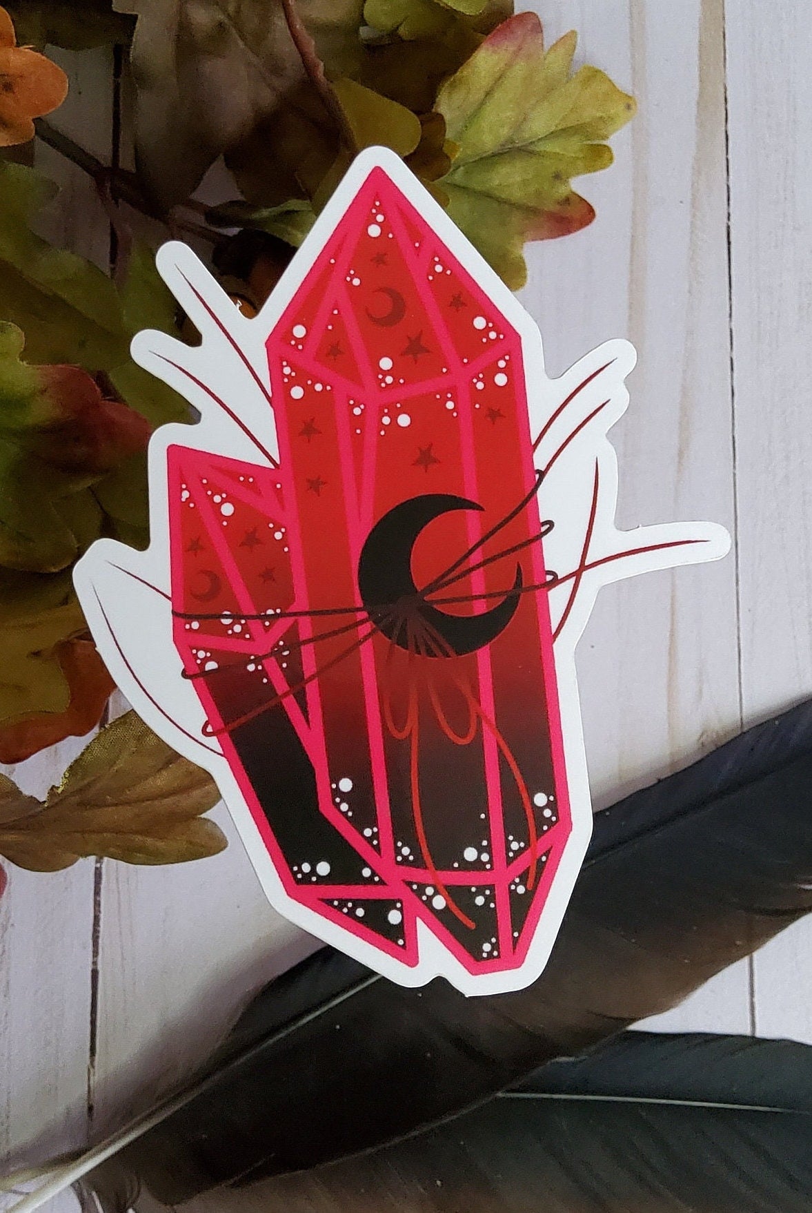 GLOSSY STICKER: Black and Red Moon Crystal , Crystal Sticker , Red and Black Crystal Moon Sticker , Red Crystal Stickers , Black Crystal