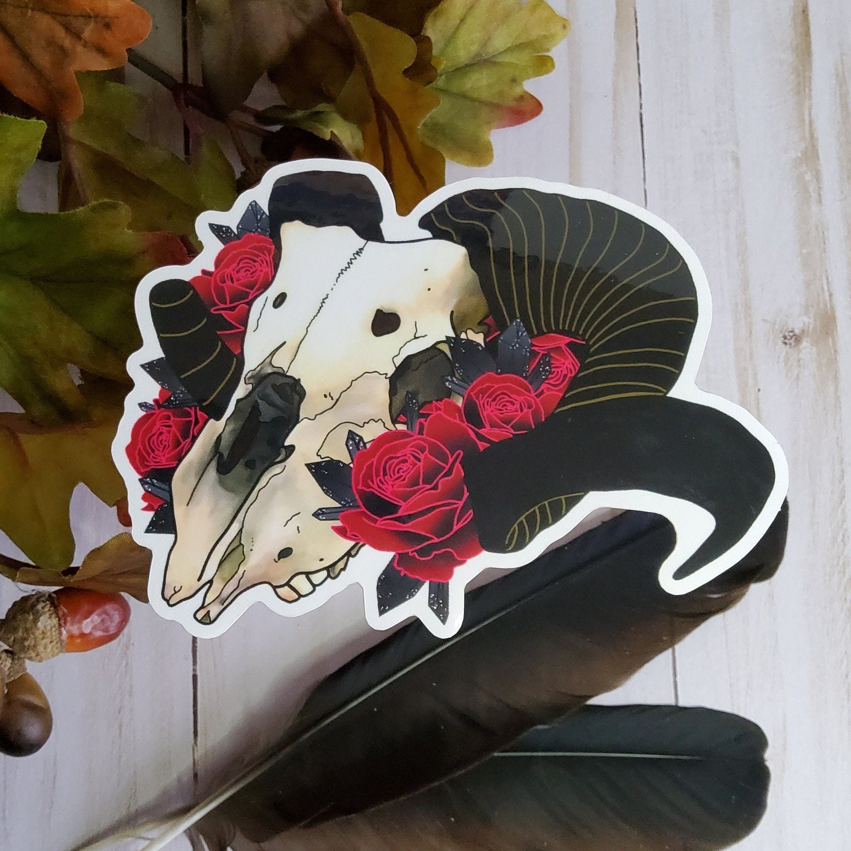 GLOSSY STICKER: Ram Skull and Roses Sticker , Ram Skull Sticker ,Tattoo Style Skull and Roses Sticker , Skull Stickers , Roses Stickers