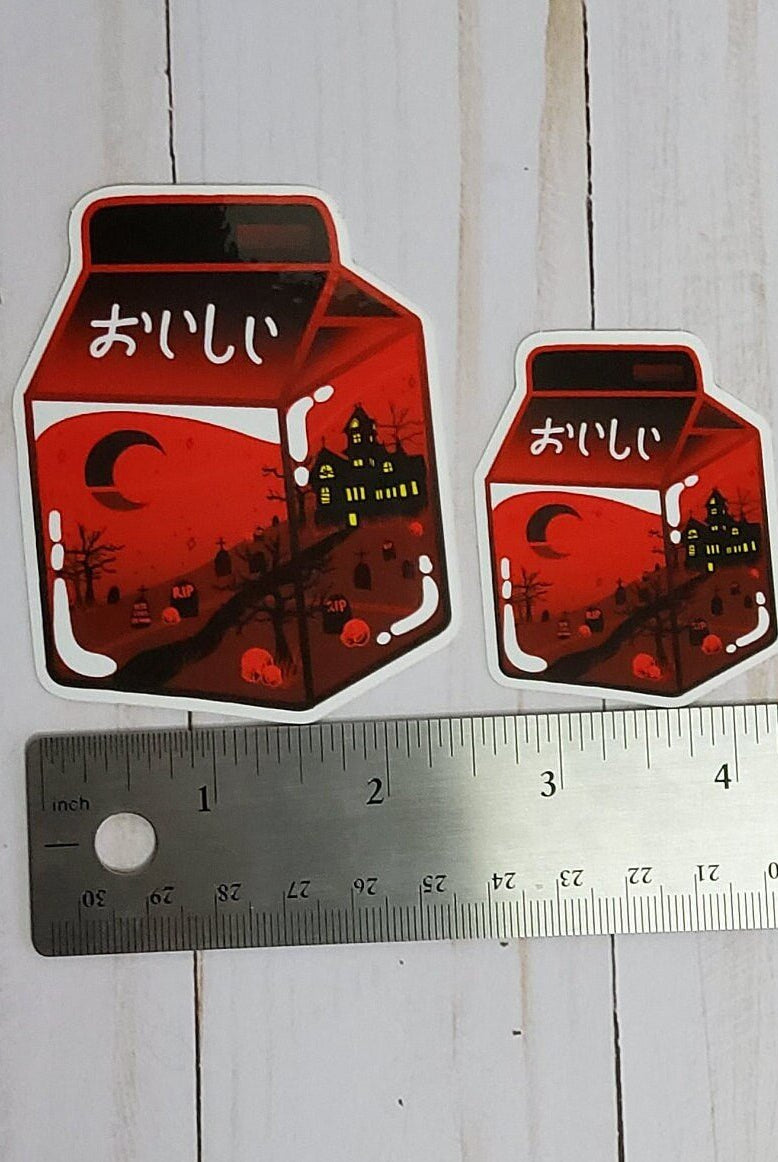 GLOSSY STICKER: Haunted House Red and Black Milk Die Cut Sticker , Miniature Milk Sticker , Haunted Milk Sticker , Red Milk Sticker