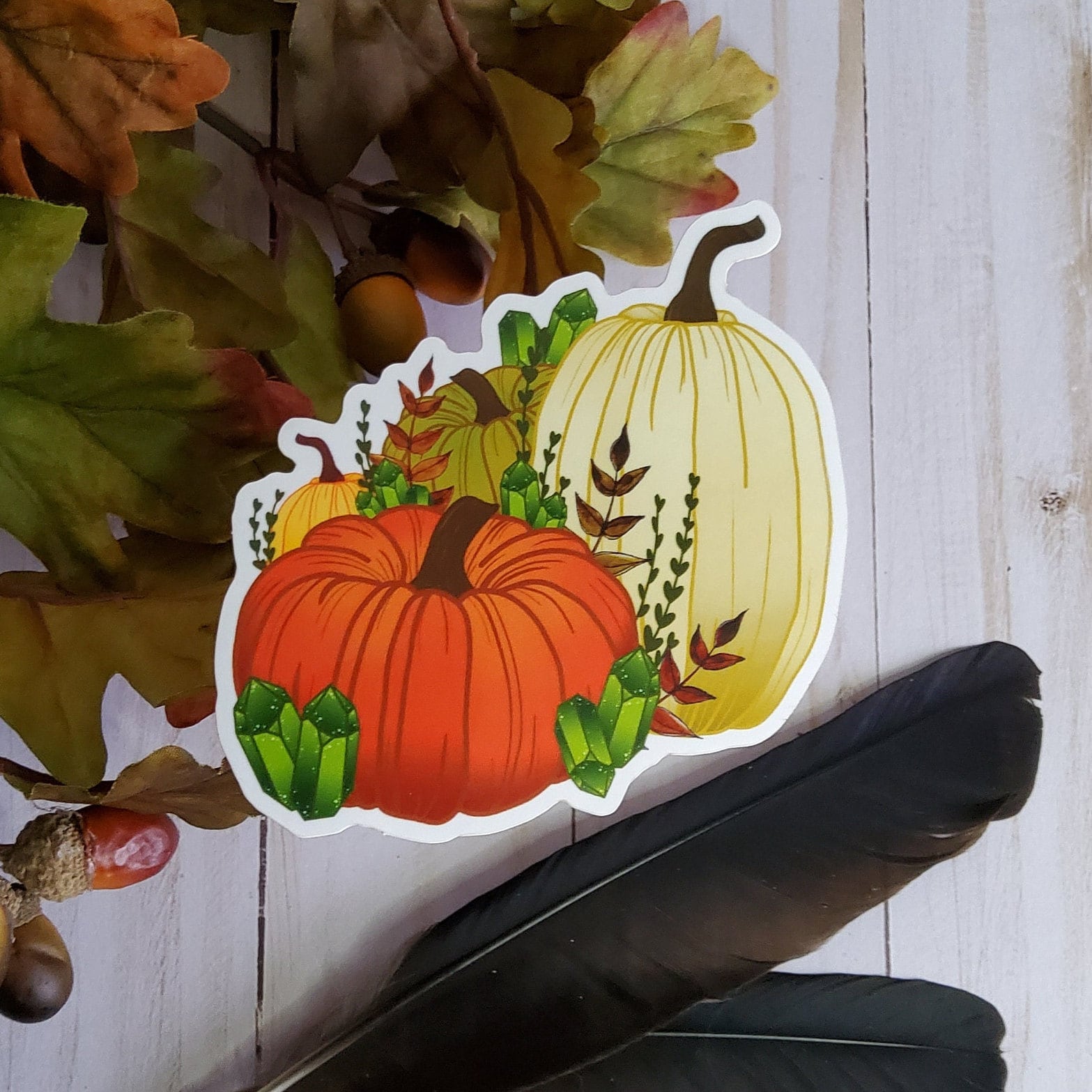 GLOSSY STICKER: Pumpkin and Green Crystals Autumn , Autumn Pumpkin Sticker , Fall Pumpkin Sticker , Pumpkin Sticker , Fall Sticker , Autumn