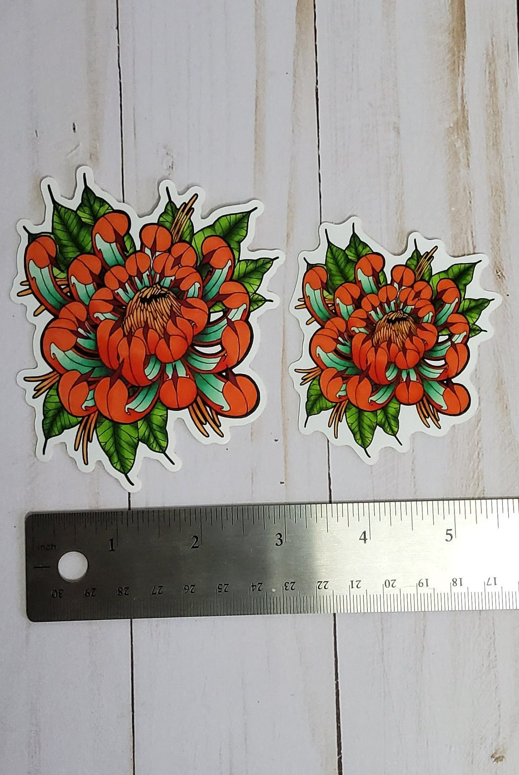 GLOSSY STICKER: Tattoo Style Teal and Orange Chrysanthemum , Chrysanthemum Sticker , Chrysanthemum Art , Floral Sticker , Floral Art Sticker