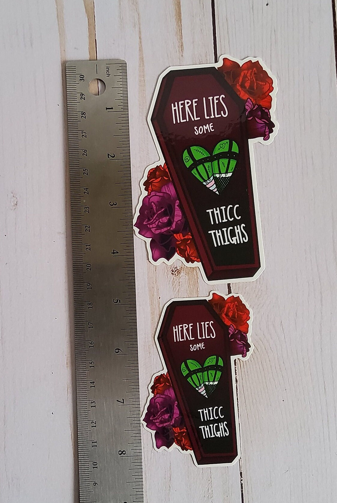 GLOSSY STICKER: Here Lies some Thicc Thighs Die Cut , Monster Girl and Roses Sticker , Coffin and Roses Sticker , Red and Purple Roses