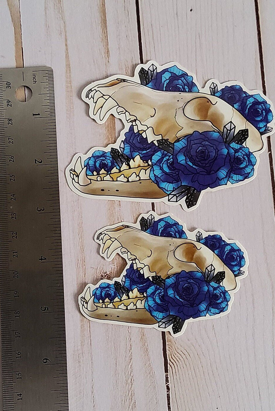 GLOSSY STICKER: Wolf Skull and Blue Roses Vulture Culture Stickers , Wolf Skull and Blue Roses Sticker , Wolf Skull and Roses Sticker