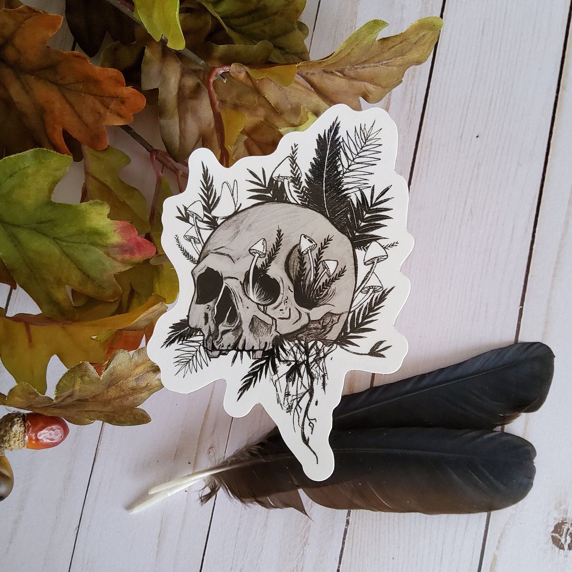 GLOSSY STICKER: Rebirth Skull and Mushroom Black and Grey Sticker , Skull and Ferns Sticker , Dark Aesthetic Skull Sticker , Skull Sticker Acornandcrowstudio
