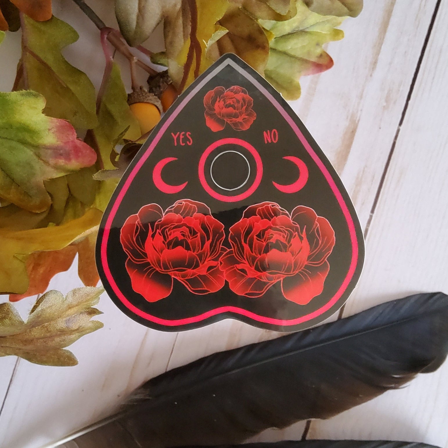 GLOSSY STICKER: Black and Red Rose Planchette , Black and Red Rose Planchette Sticker , Red Rose Planchette Sticker , Rose Planchette Sticker Acornandcrowstudio