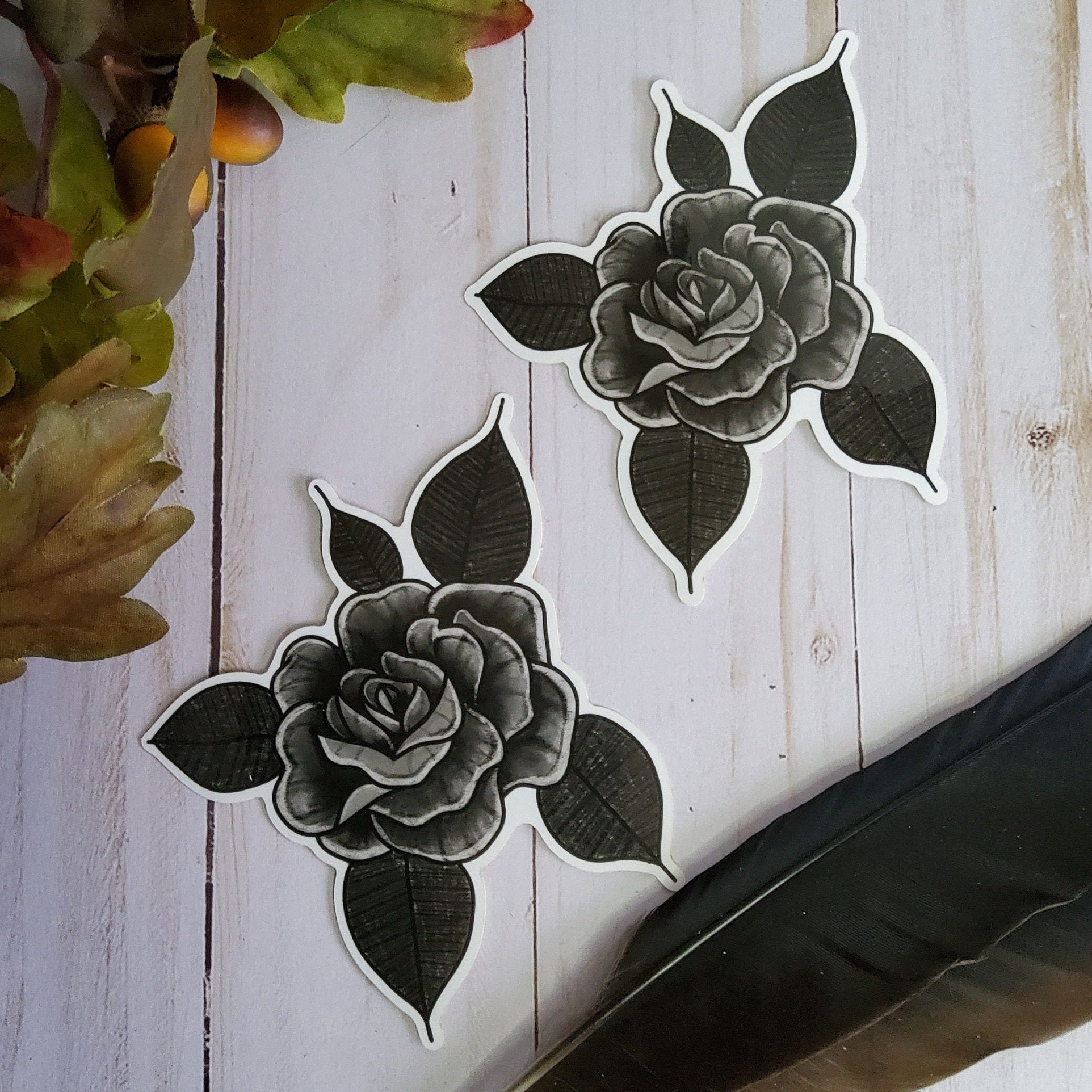 GLOSSY STICKER: Black and Gray Rose Sticker , Gray Rose , Floral Rose Sticker , Stylized Rose Sticker , Rose Die Cut Sticker