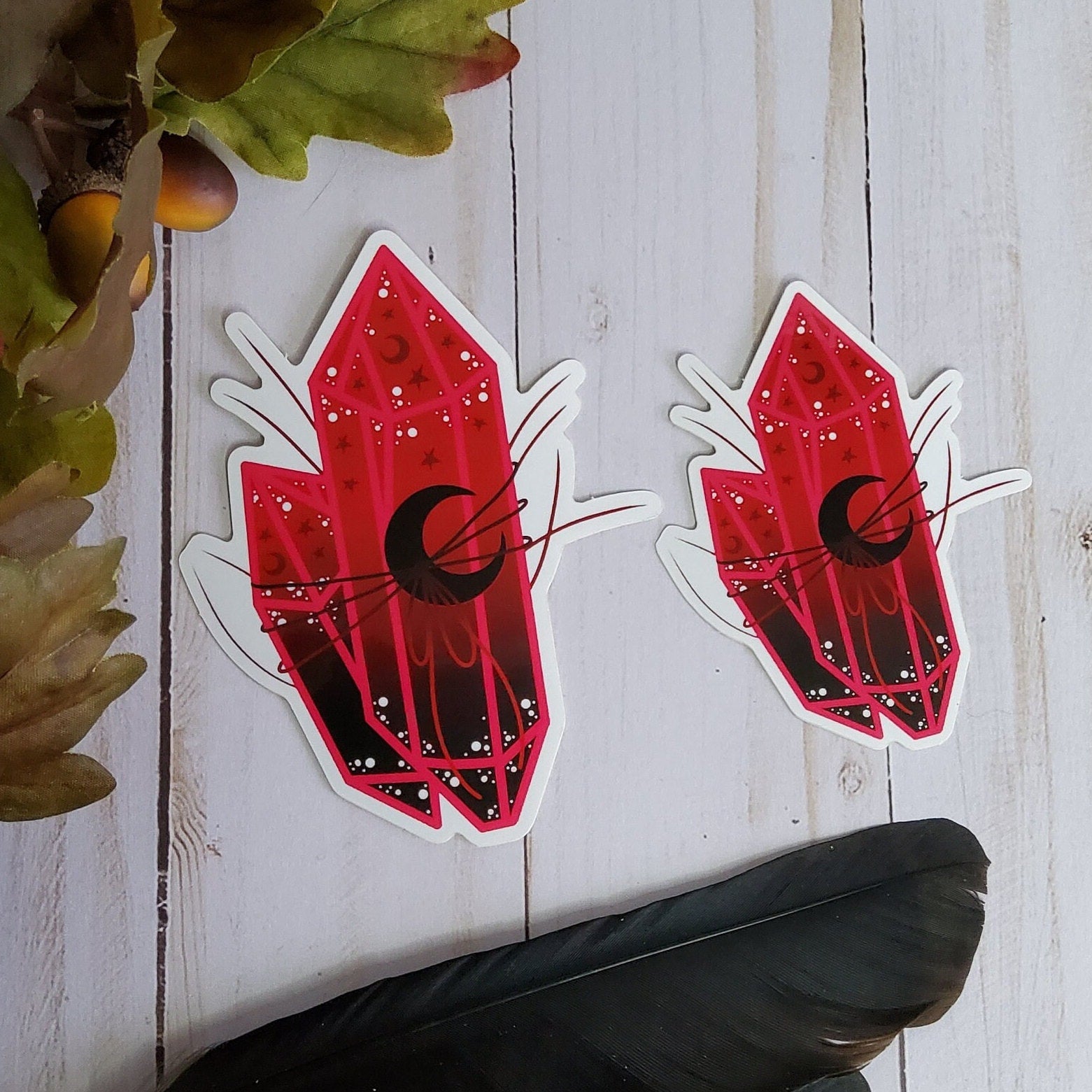 GLOSSY STICKER: Black and Red Moon Crystal , Crystal Sticker , Red and Black Crystal Moon Sticker , Red Crystal Stickers , Black Crystal