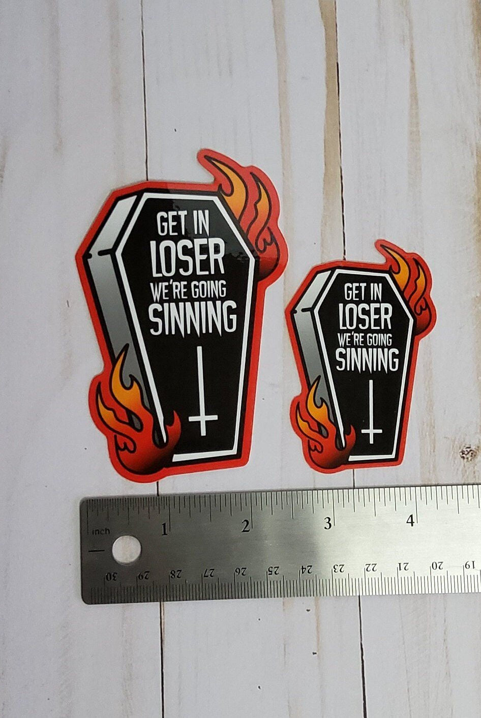 GLOSSY STICKER: Get in Loser We're Going Sinning Coffin Sticker , Tattoo Style Coffin and Flames Sticker, Tattoo Style Coffin Sticker