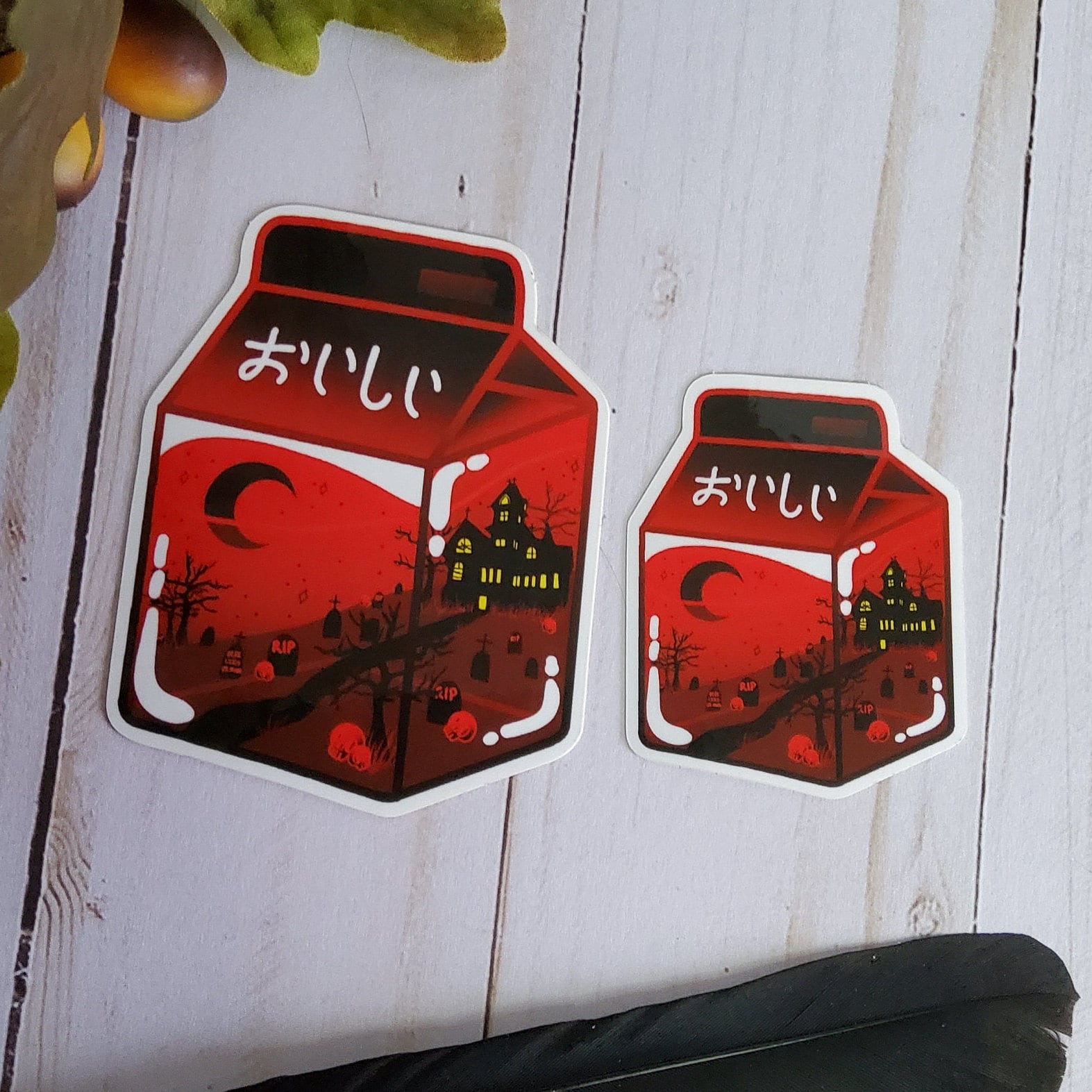 GLOSSY STICKER: Haunted House Red and Black Milk Die Cut Sticker , Miniature Milk Sticker , Haunted Milk Sticker , Red Milk Sticker