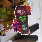 GLOSSY STICKER: Here Lies some Thicc Thighs Die Cut , Monster Girl and Roses Sticker , Coffin and Roses Sticker , Red and Purple Roses Sticker Acornandcrowstudio