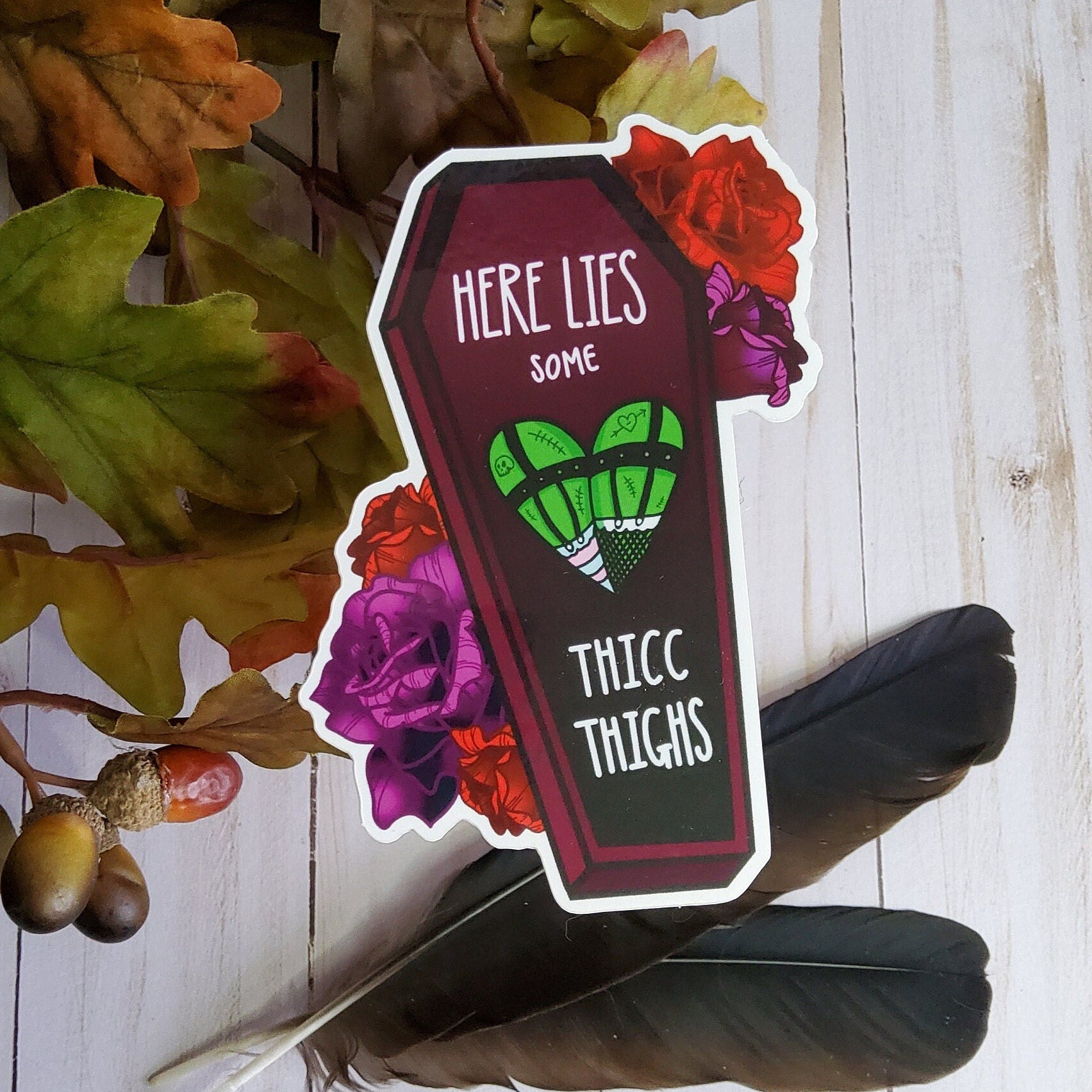 GLOSSY STICKER: Here Lies some Thicc Thighs Die Cut , Monster Girl and Roses Sticker , Coffin and Roses Sticker , Red and Purple Roses Sticker Acornandcrowstudio