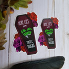 GLOSSY STICKER: Here Lies some Thicc Thighs Die Cut , Monster Girl and Roses Sticker , Coffin and Roses Sticker , Red and Purple Roses Sticker Acornandcrowstudio