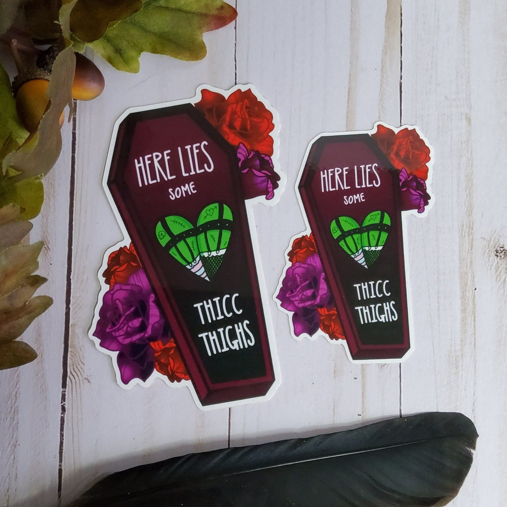 GLOSSY STICKER: Here Lies some Thicc Thighs Die Cut , Monster Girl and Roses Sticker , Coffin and Roses Sticker , Red and Purple Roses Sticker Acornandcrowstudio