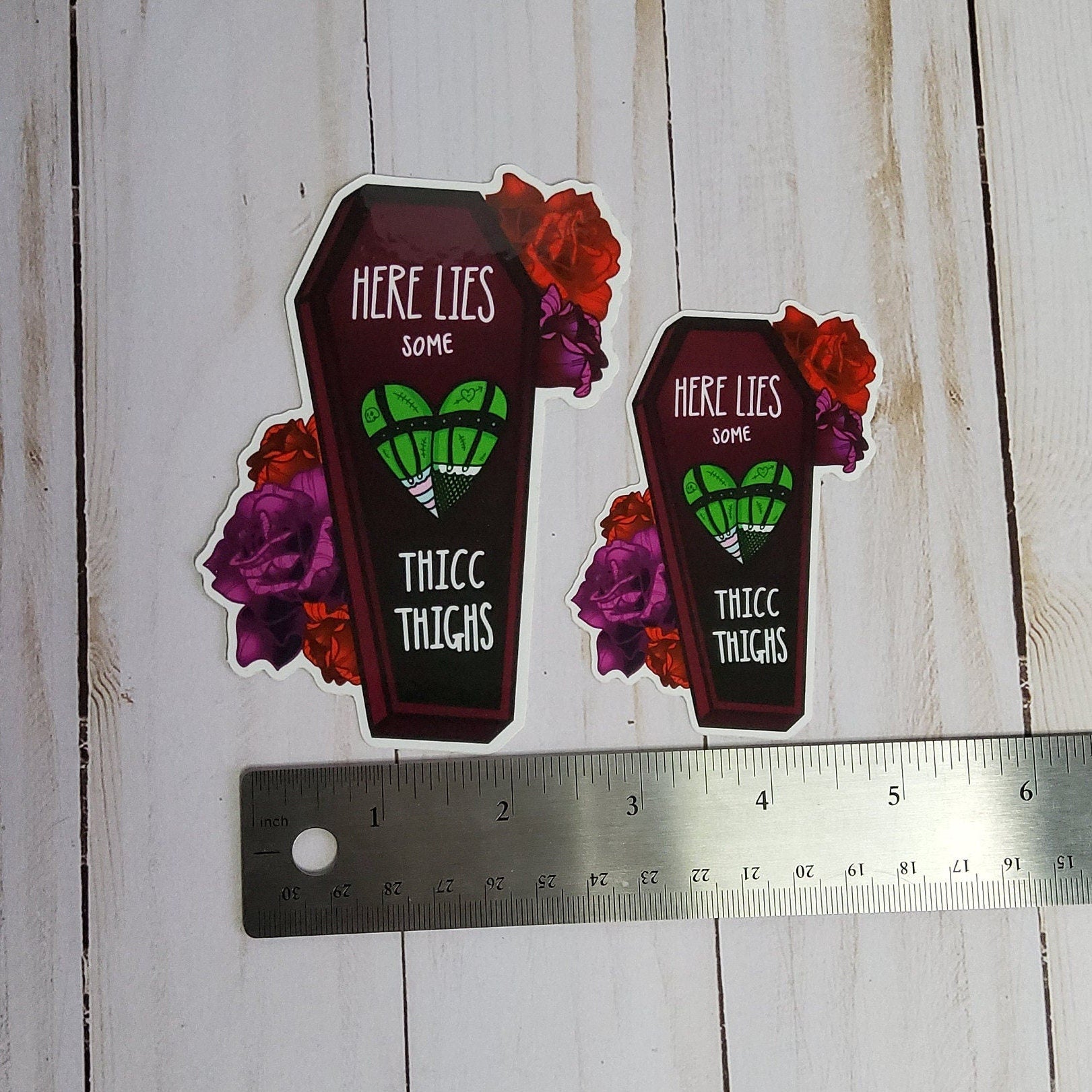 GLOSSY STICKER: Here Lies some Thicc Thighs Die Cut , Monster Girl and Roses Sticker , Coffin and Roses Sticker , Red and Purple Roses Sticker Acornandcrowstudio