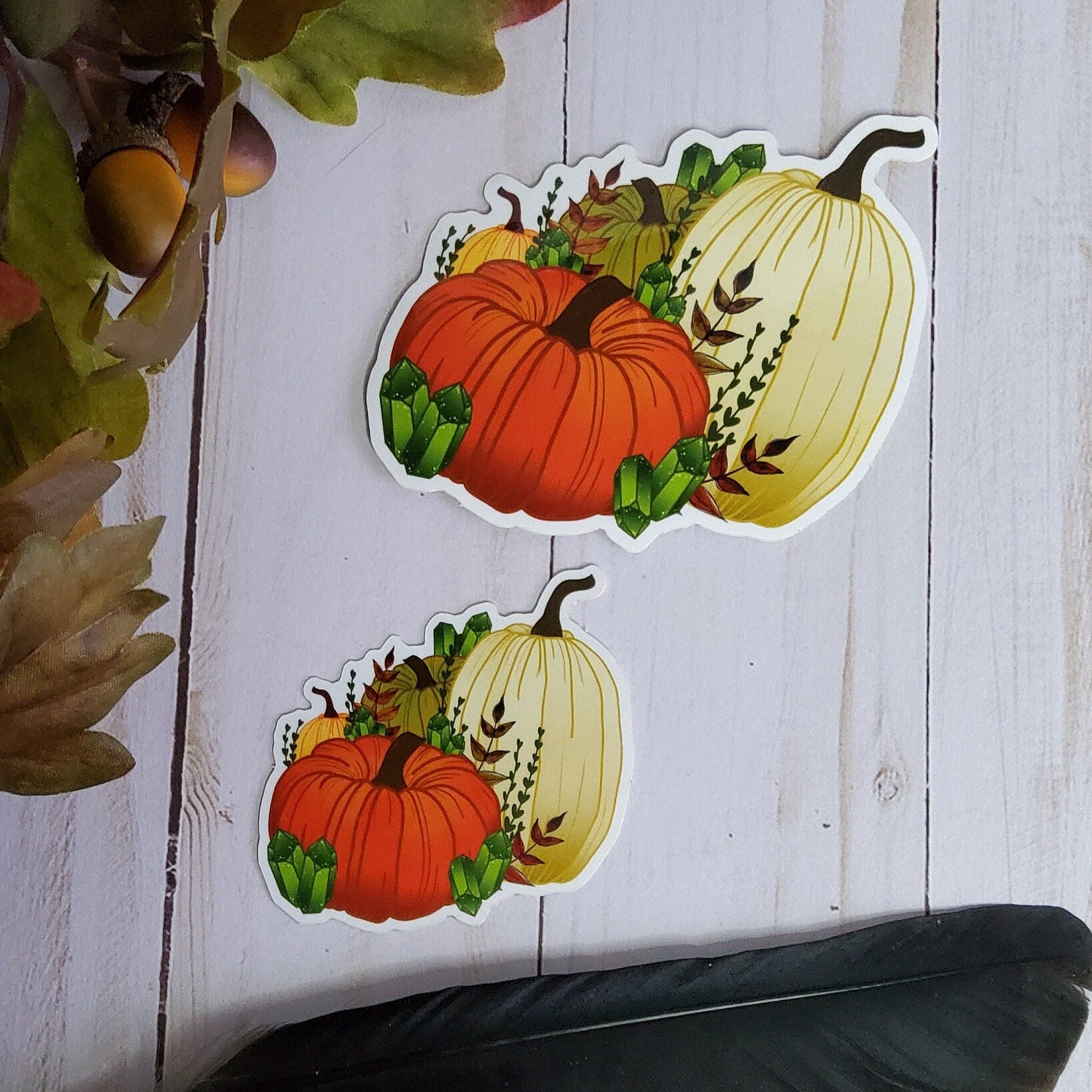 GLOSSY STICKER: Pumpkin and Green Crystals Autumn , Autumn Pumpkin Sticker , Fall Pumpkin Sticker , Pumpkin Sticker , Fall Sticker , Autumn Acornandcrowstudio