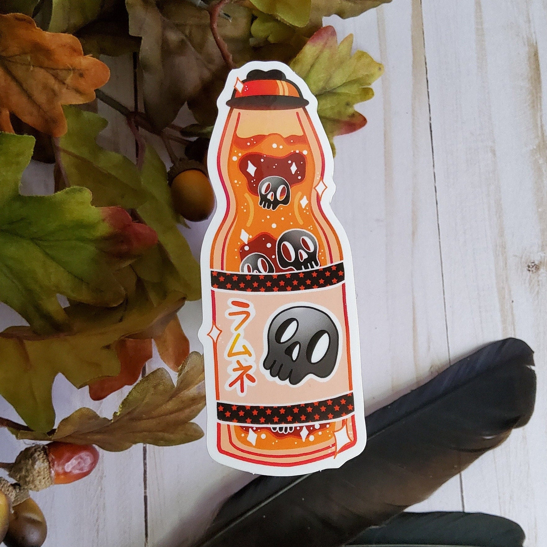 GLOSSY STICKER: Halloween Orange and Black Glass Bottle Drink Sticker , Halloween Drink Sticker , Spooky Soda Drink Sticker , Skull Drink