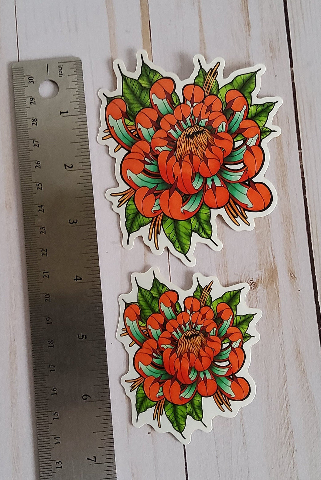 GLOSSY STICKER: Tattoo Style Teal and Orange Chrysanthemum , Chrysanthemum Sticker , Chrysanthemum Art , Floral Sticker , Floral Art Sticker