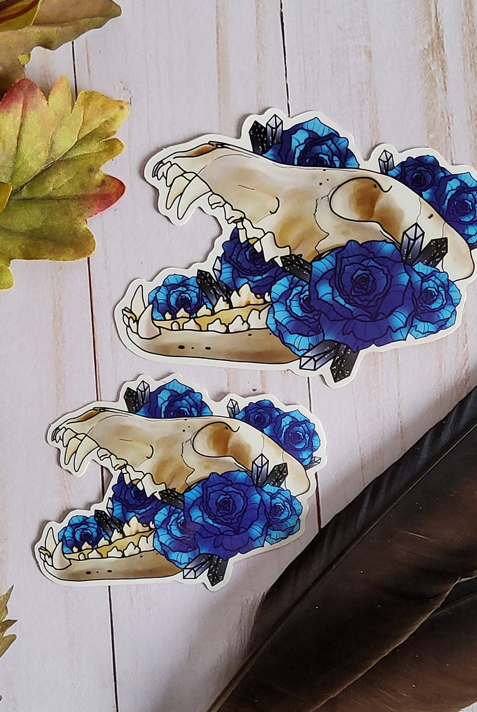 GLOSSY STICKER: Wolf Skull and Blue Roses Vulture Culture Stickers , Wolf Skull and Blue Roses Sticker , Wolf Skull and Roses Sticker