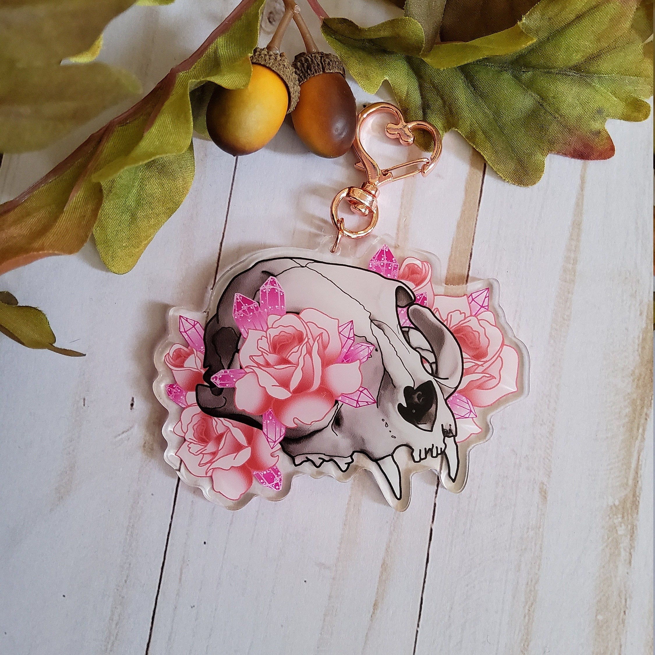 ACRYLIC CHARM Double Sided: Cat Skull and Roses Pink Aesthetic , Pink Aesthetic Acrylic Charm , Cat Skull Keychain , Pastel Charm
