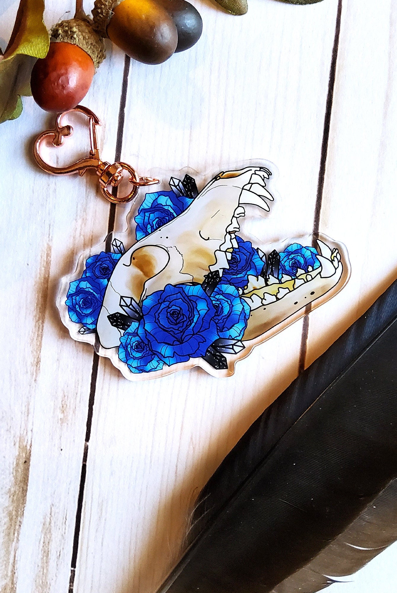 ACRYLIC CHARM Double Sided: Wolf Skull and Roses , Wolf Skull Charm , Skull Charm , Skull and Roses Charm , Wolf Skull Charm , Goth Charm
