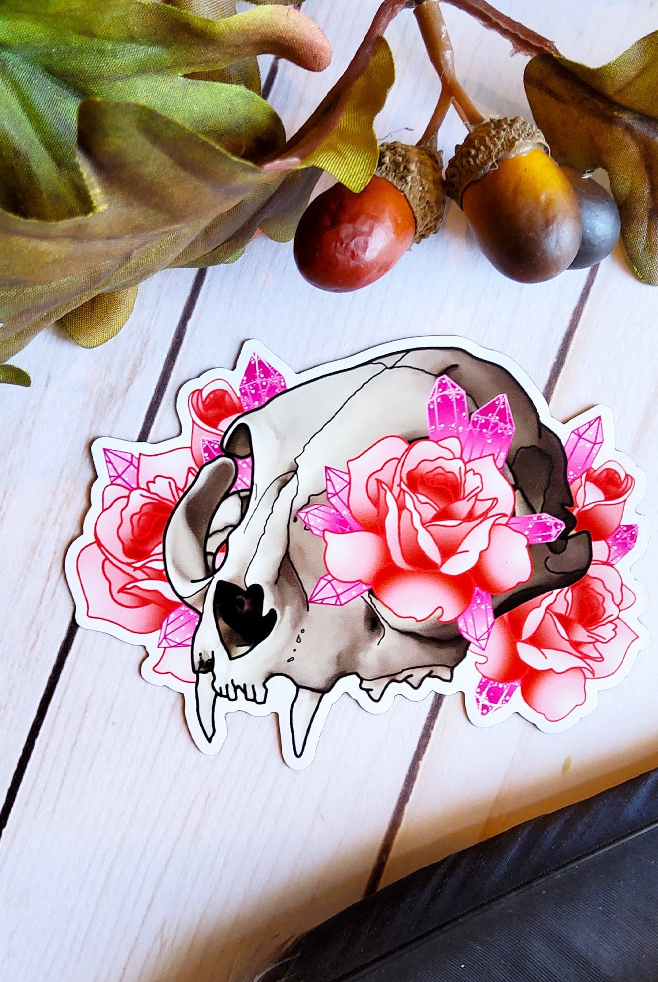 MAGNET: Cat Skull and Pink Roses Decorative , Cat Skull Magnet , Skull and Roses Magnet , Skull Magnet , Skull Art Decorative Magnet