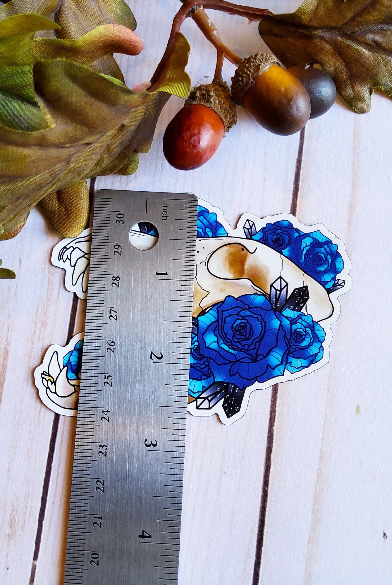 MAGNET: Wolf Skull and Blue Roses Decorative , Wolf Skull Magnet , Skull and Roses Magnet , Skull Magnet , Skull Art Decorative Magnet