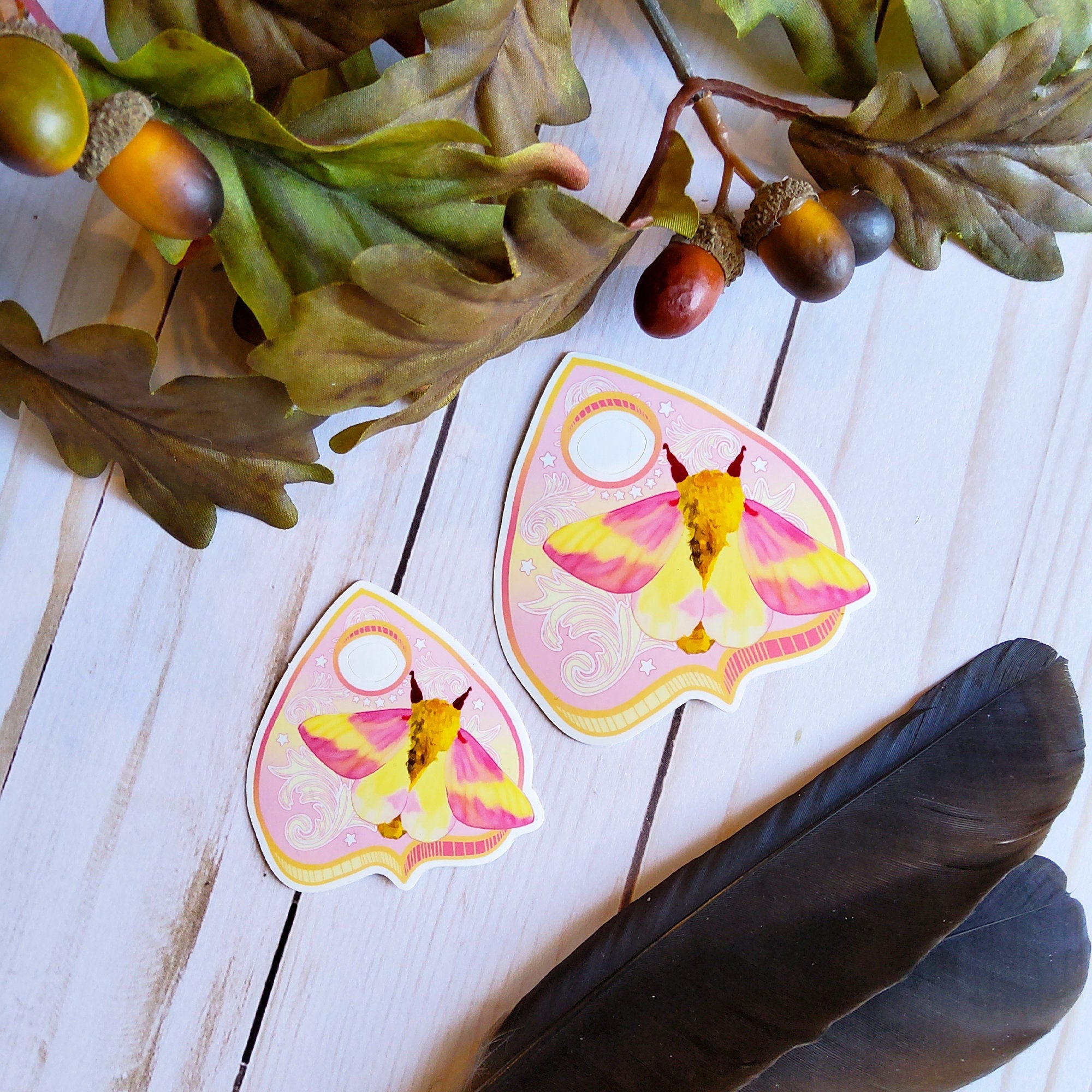 GLOSSY STICKER: Rosy Maple Moth and Planchette Die Cut , Rosy Moth and Planchette Sticker , Planchette Sticker , Rosy Maple Moth Sticker