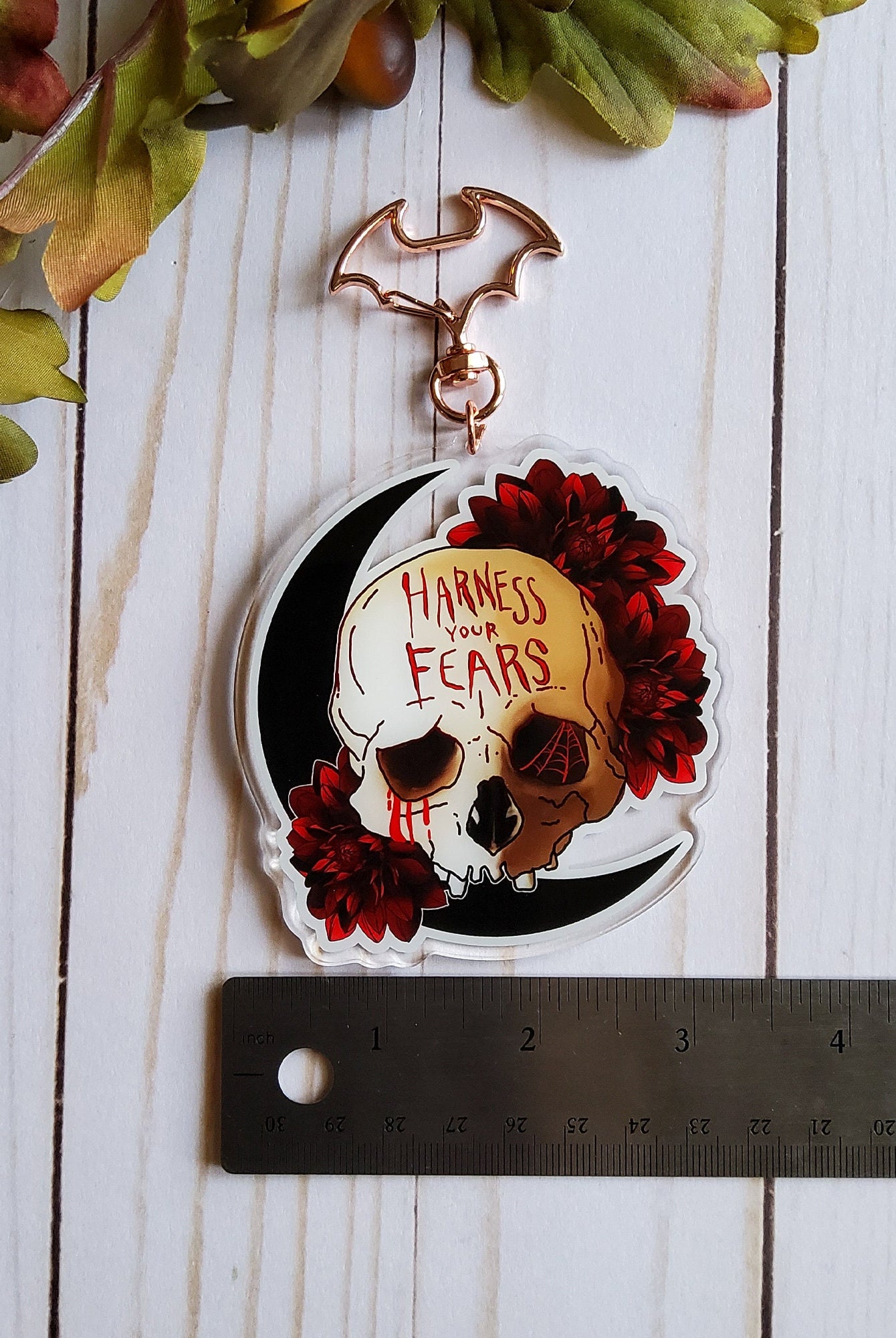 ACRYLIC CHARM Double Sided: Harness Your Fears Skull and Dahlias , Harness Your Fears Skull , Skull and Flowers Charm , Goth Charm