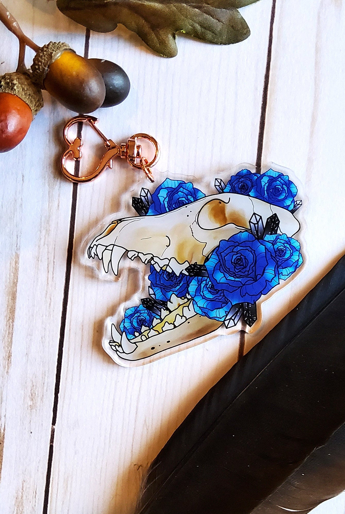 ACRYLIC CHARM Double Sided: Wolf Skull and Roses , Wolf Skull Charm , Skull Charm , Skull and Roses Charm , Wolf Skull Charm , Goth Charm