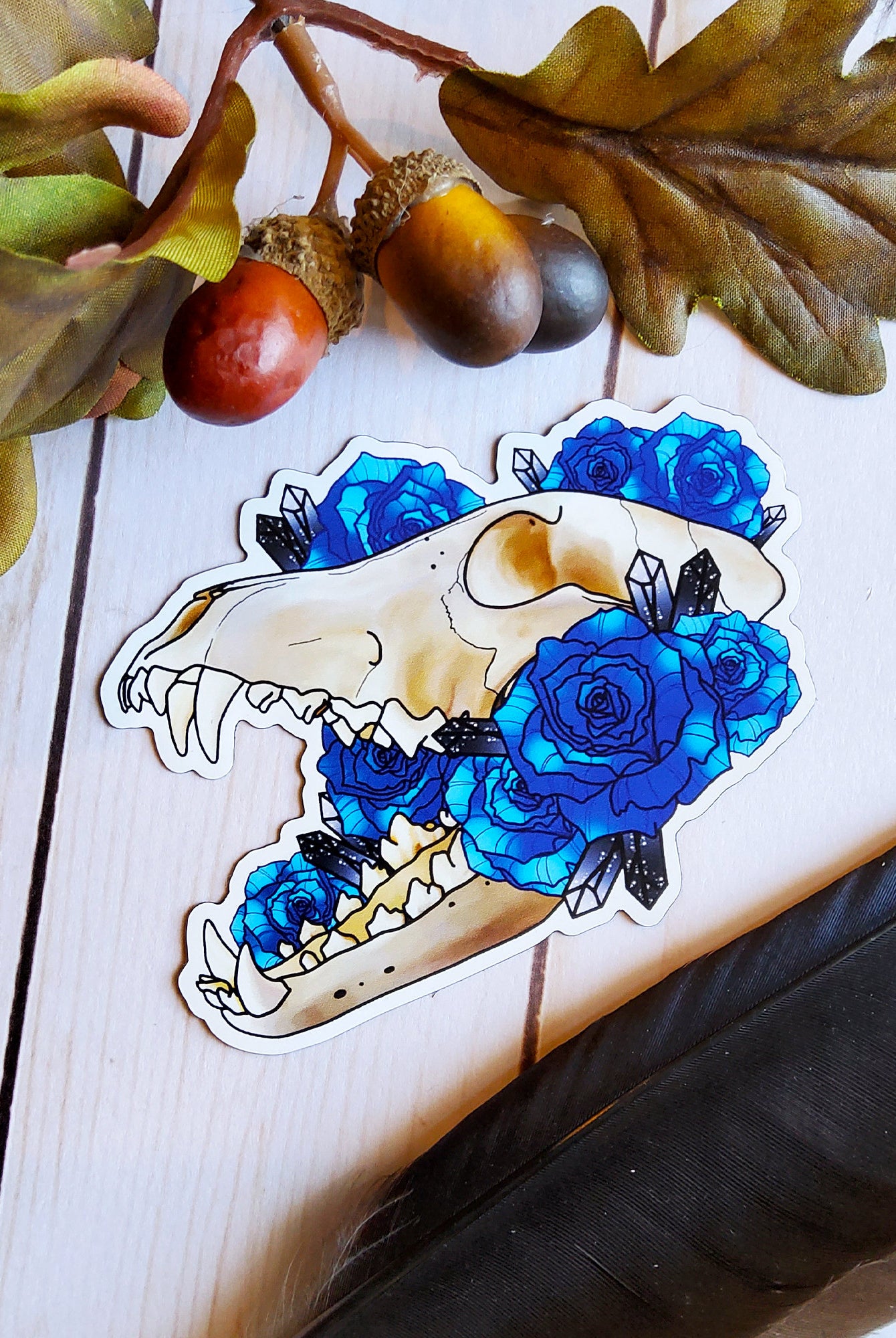 MAGNET: Wolf Skull and Blue Roses Decorative , Wolf Skull Magnet , Skull and Roses Magnet , Skull Magnet , Skull Art Decorative Magnet