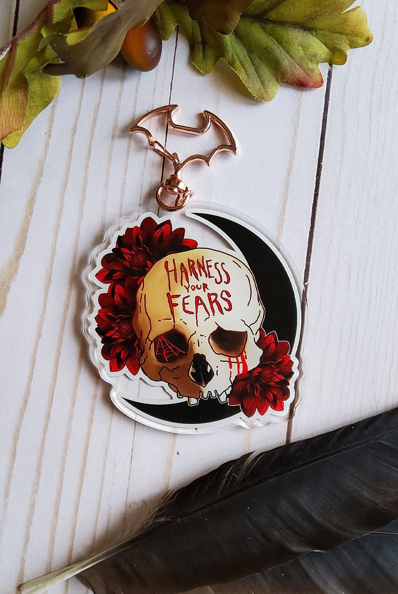 ACRYLIC CHARM Double Sided: Harness Your Fears Skull and Dahlias , Harness Your Fears Skull , Skull and Flowers Charm , Goth Charm