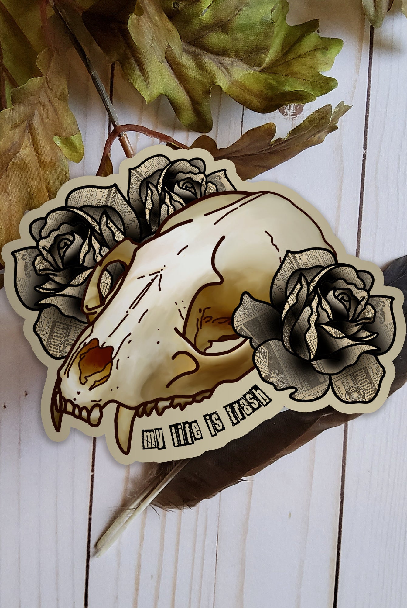 GLOSSY STICKER: Raccoon Skull and Trash Roses Sticker , Skull and Roses Sticker , Dark Aesthetic Skull Sticker , Skull Sticker
