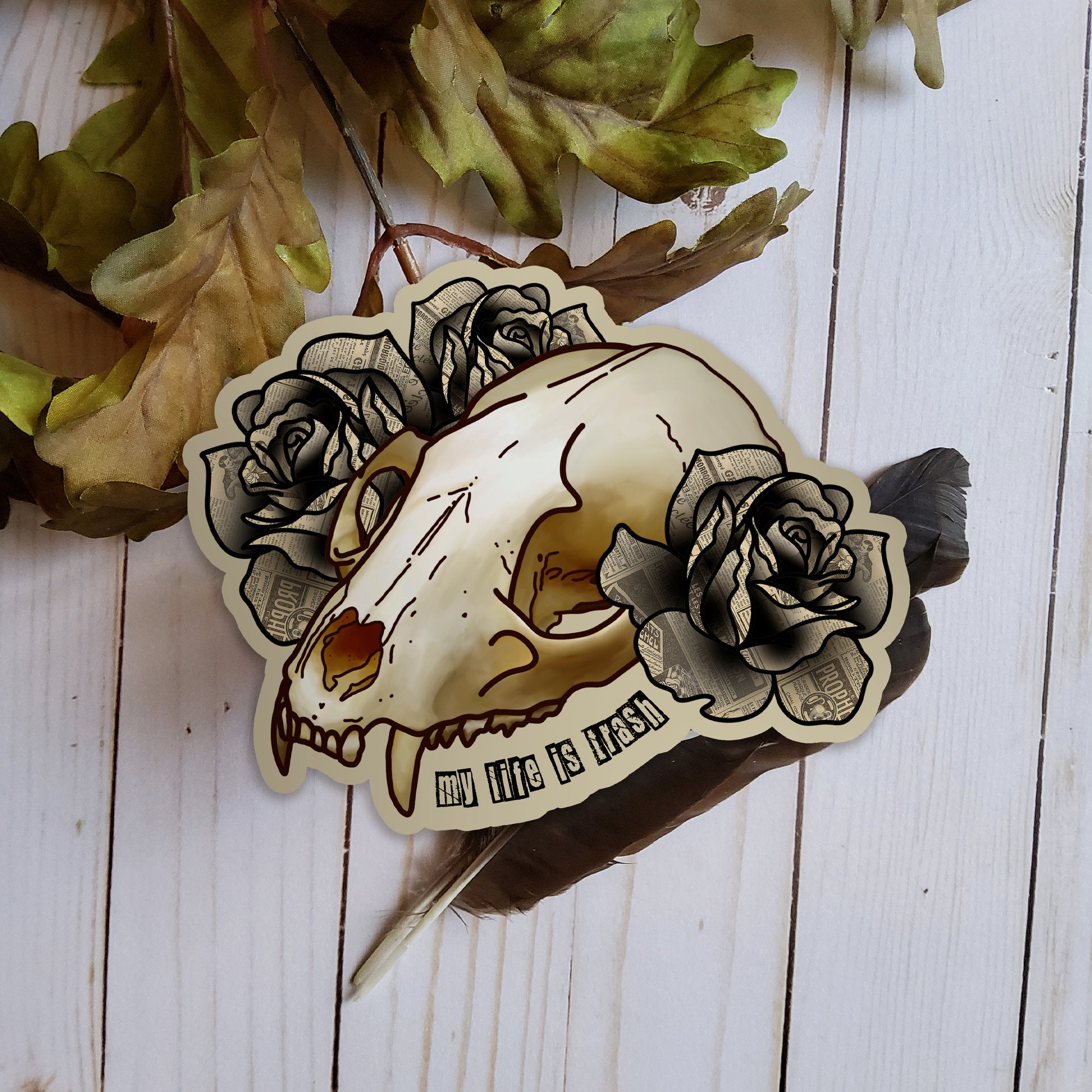 GLOSSY STICKER: Raccoon Skull and Trash Roses Sticker , Skull and Roses Sticker , Dark Aesthetic Skull Sticker , Skull Sticker