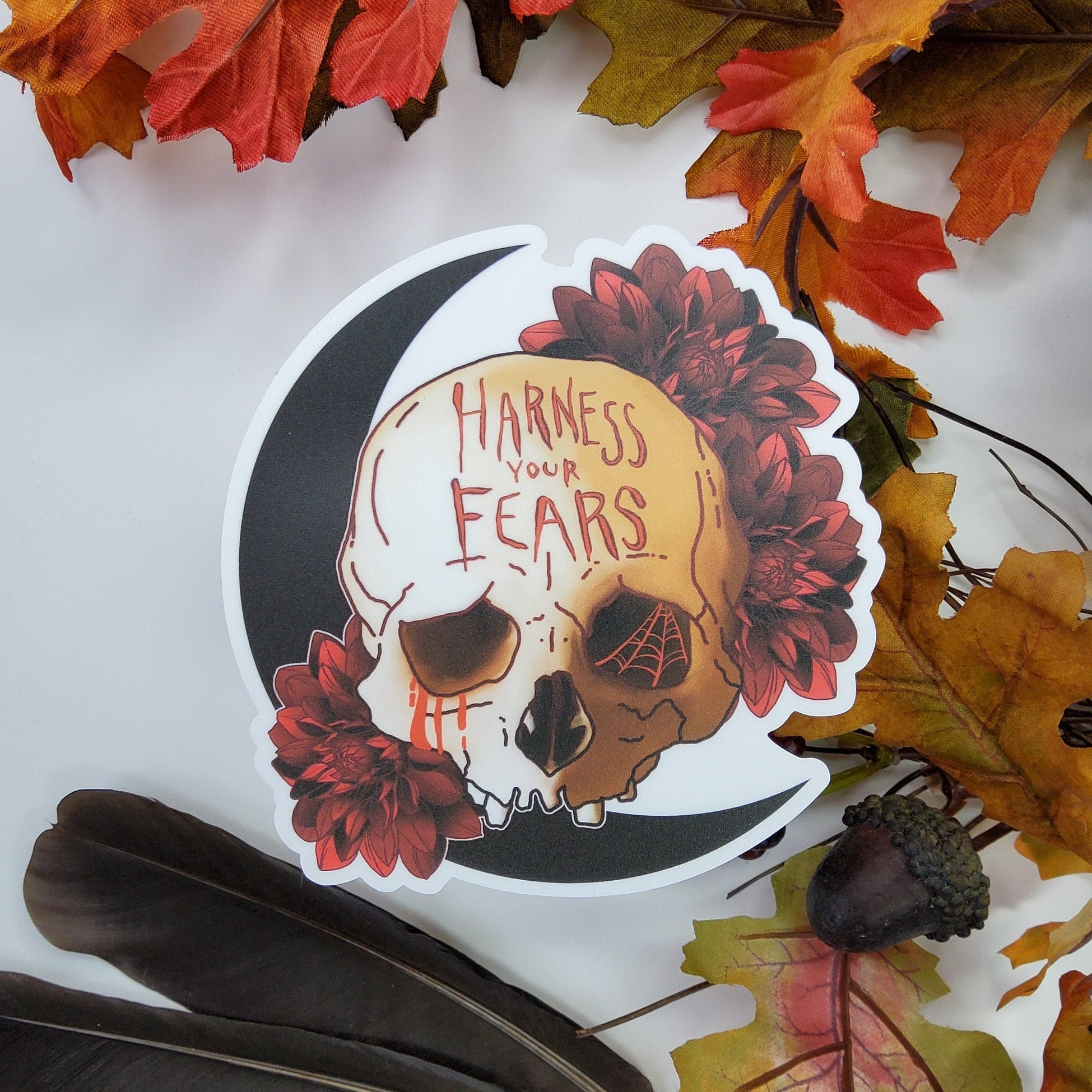 MATTE STICKER: Harness Your Fears Skull and Dahlias Sticker , Dahlia Skull Sticker , Dahlia Sticker , Dark Skull and Roses , Stickers