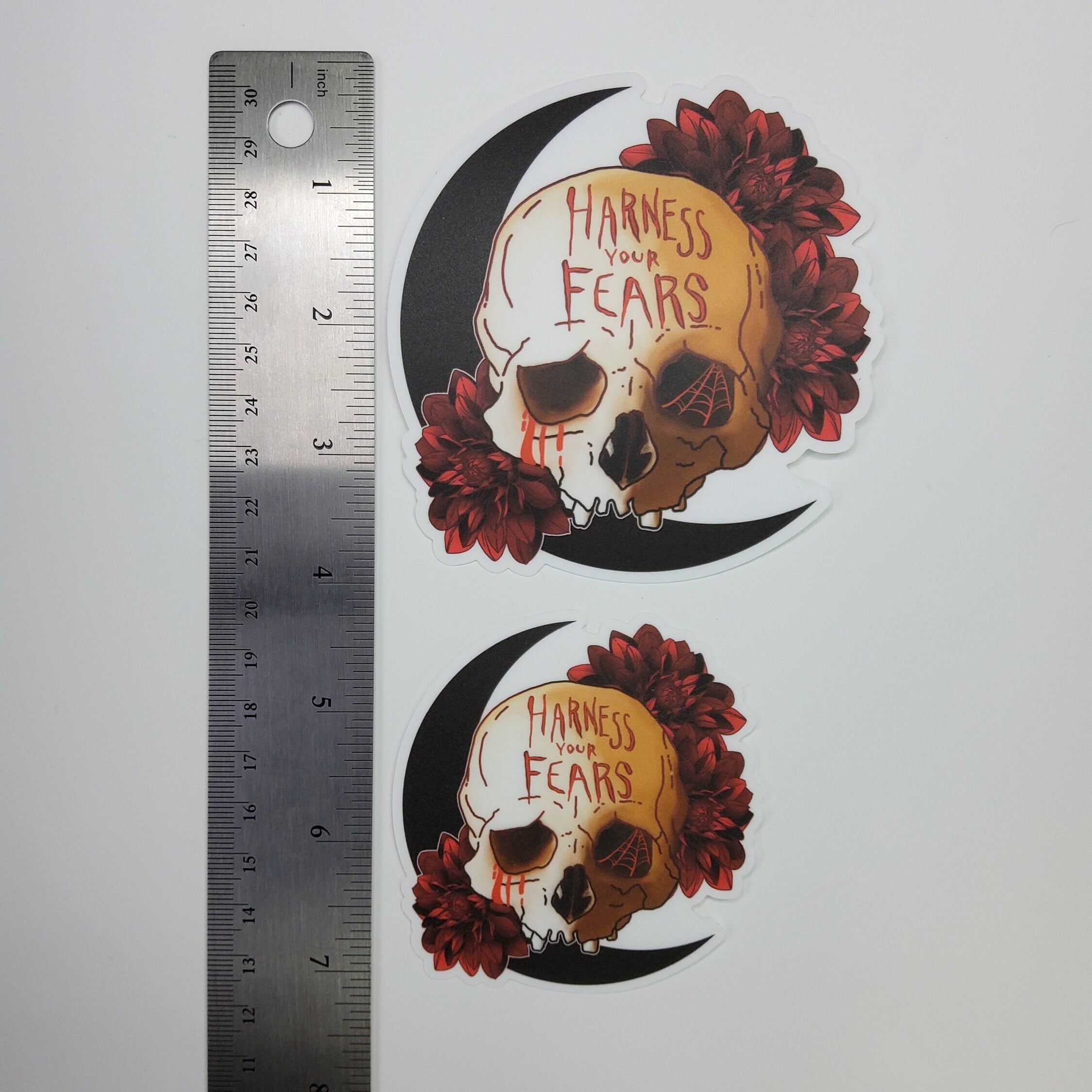 MATTE STICKER: Harness Your Fears Skull and Dahlias Sticker , Dahlia Skull Sticker , Dahlia Sticker , Dark Skull and Roses , Stickers