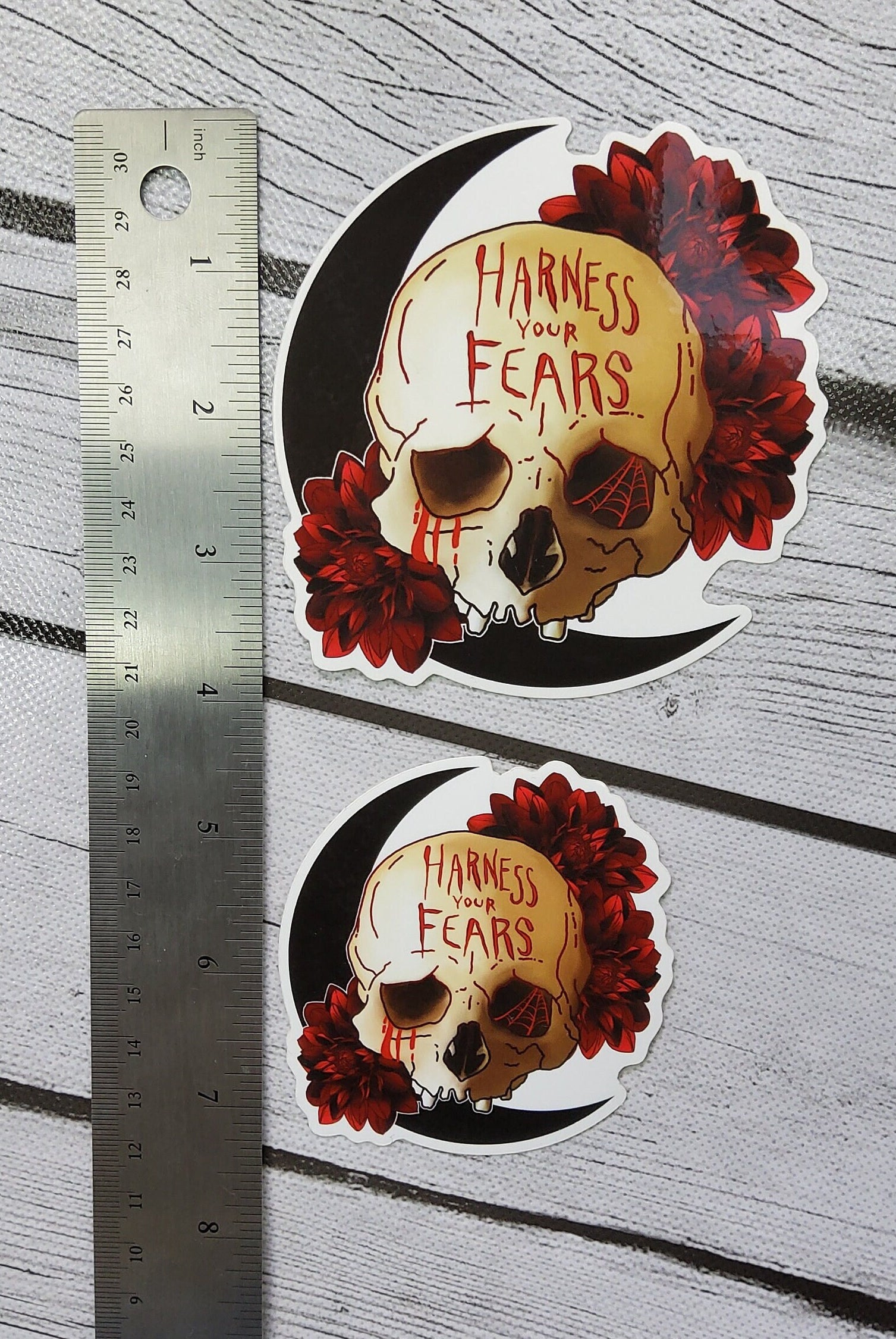 GLOSSY STICKER: Harness Your Fears Skull and Dahlias Sticker , Dahlia Skull Sticker , Dahlia Sticker , Dark Skull and Roses , Stickers