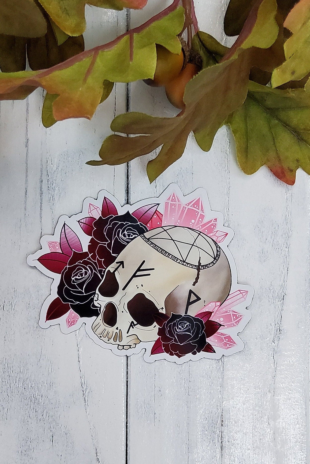 MAGNET: Rune Skull and Roses Decorative , Rune Skull Magnet , Skull and Rose Magnet , Skull Magnet , Skull Art Decorative Magnet