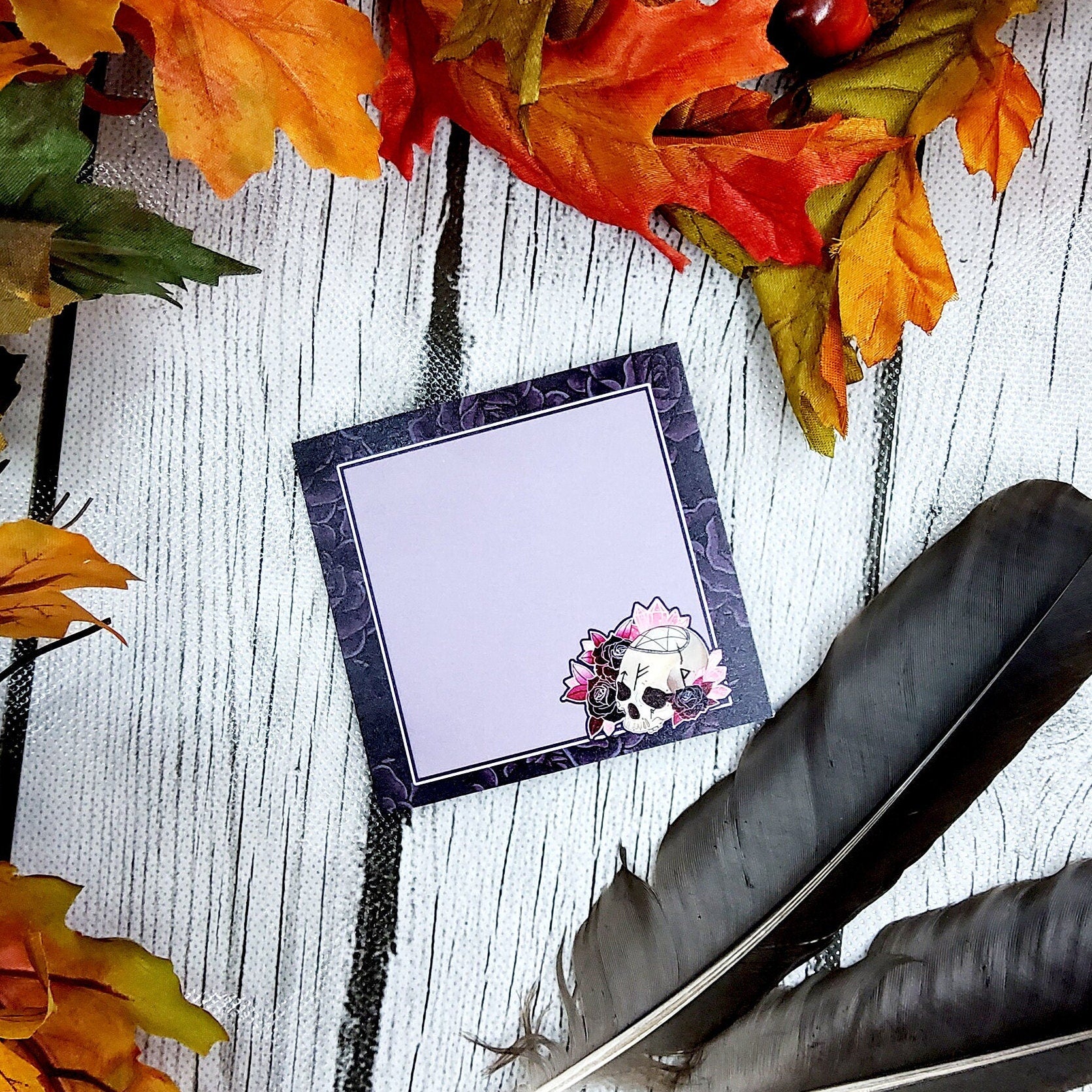 STICKY NOTES: Rune Skull and Purple Roses Sticky Notes , Rune Skull and Roses Stationery , Rune Skull Art , Rune Skull and Roses Art
