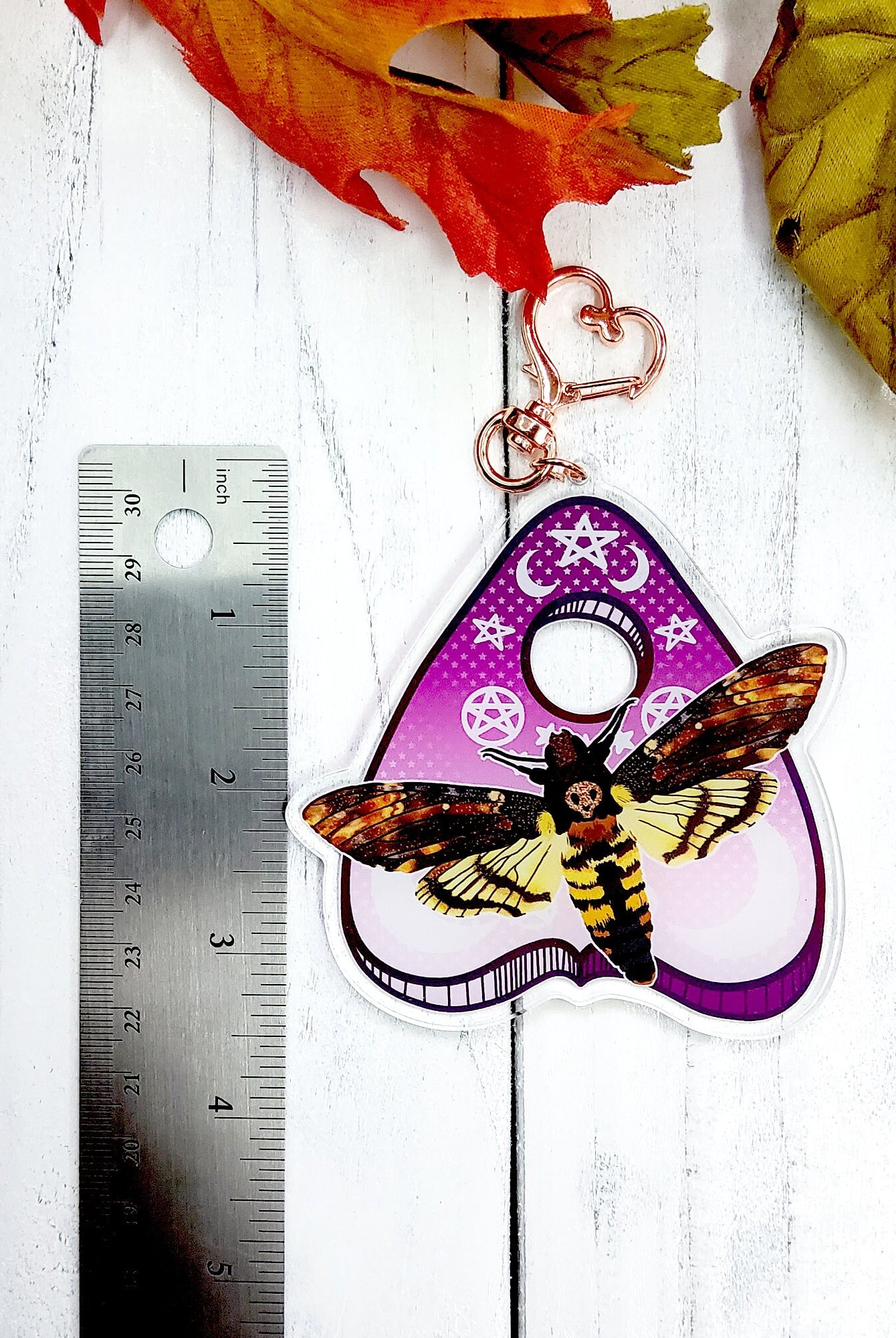 ACRYLIC CHARM Double Sided: Death's Head Hawk Moth and Planchette , Hawk Moth and Planchette Charm , Moth Acrylic Charm , Moth Planchette