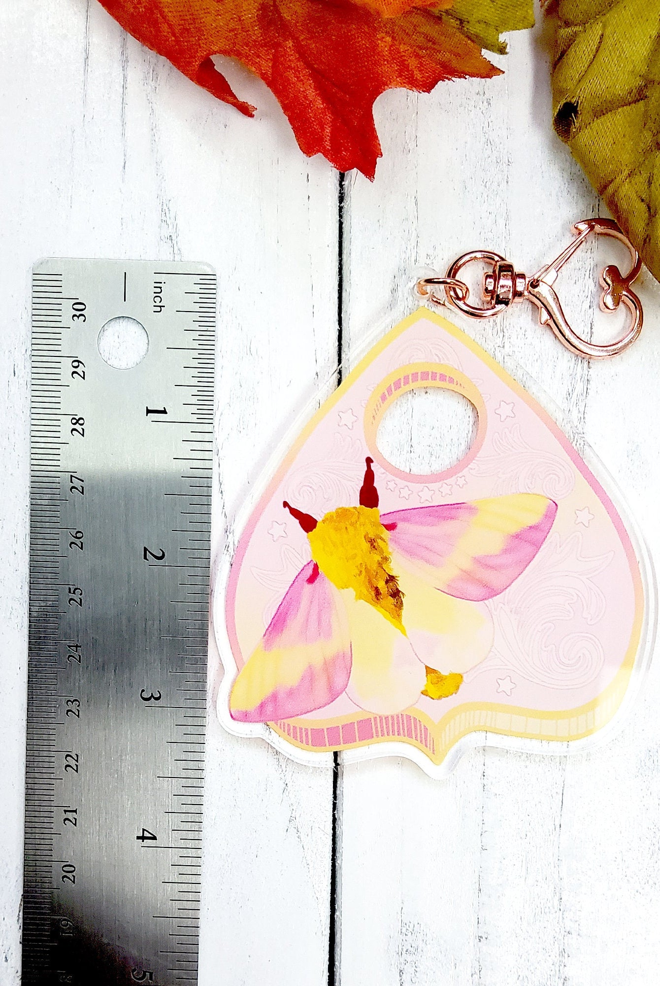 ACRYLIC CHARM Double Sided: Rosy Maple Moth and Planchette , Rosy Moth and Planchette Charm , Moth Acrylic Charm , Rosy Moth Planchette